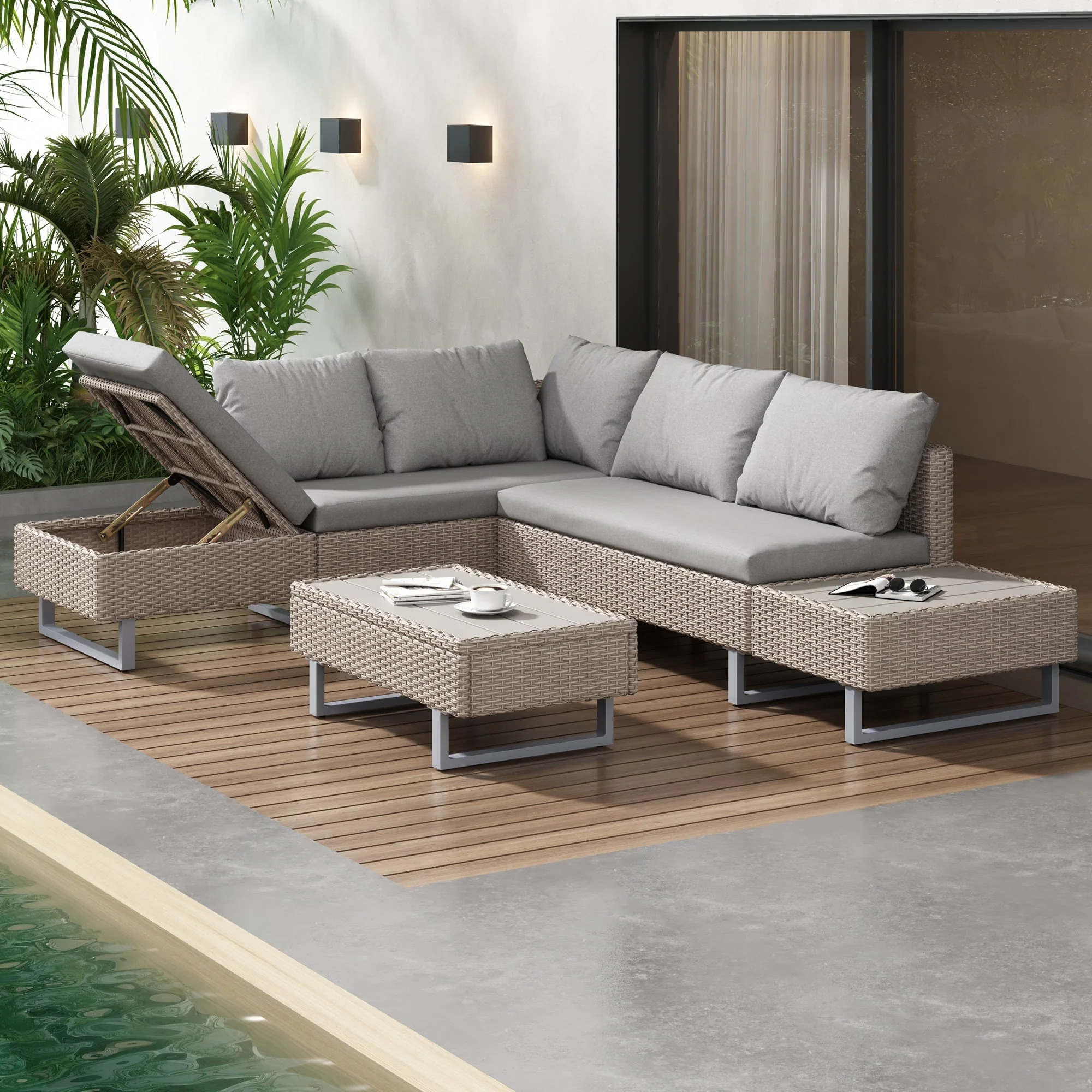 Mixed Khaki Rattan Corner Sofa Set, Anti-UV Cushions, Khaki