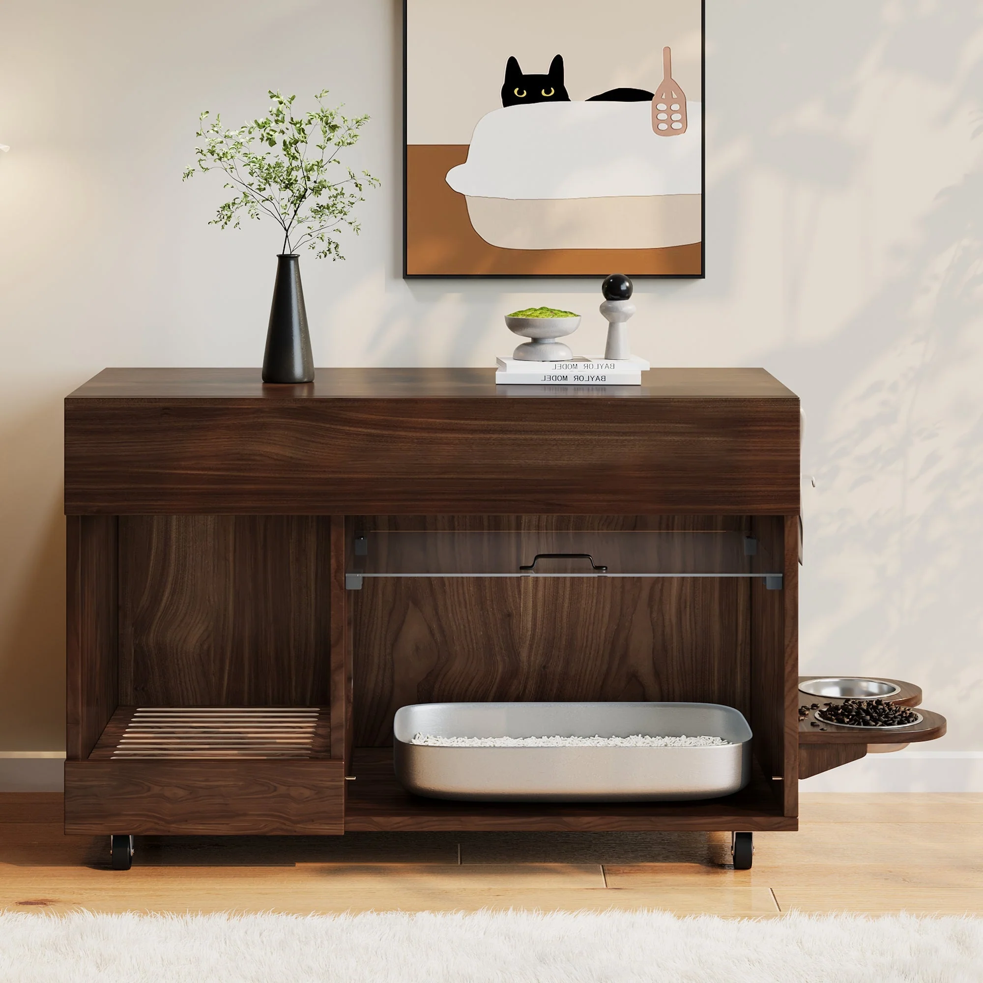 Mobile Cat Litter Box Cabinet with Food Bowls, Sand Tray, Pegboard - Walnut - Image 9