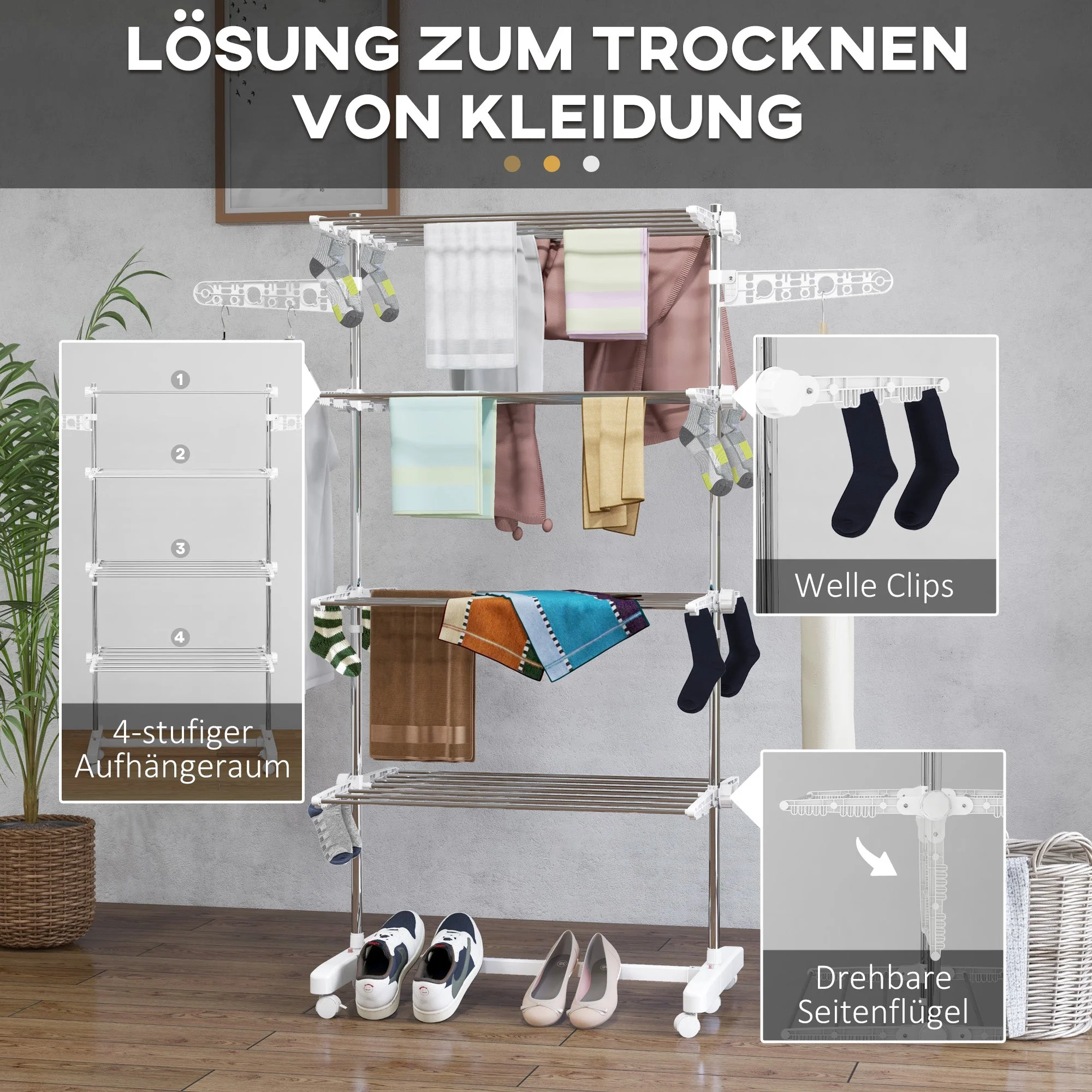 Mobile Clothes Airer, Foldable 4 Levels with Wheels, White ABS - Image 5