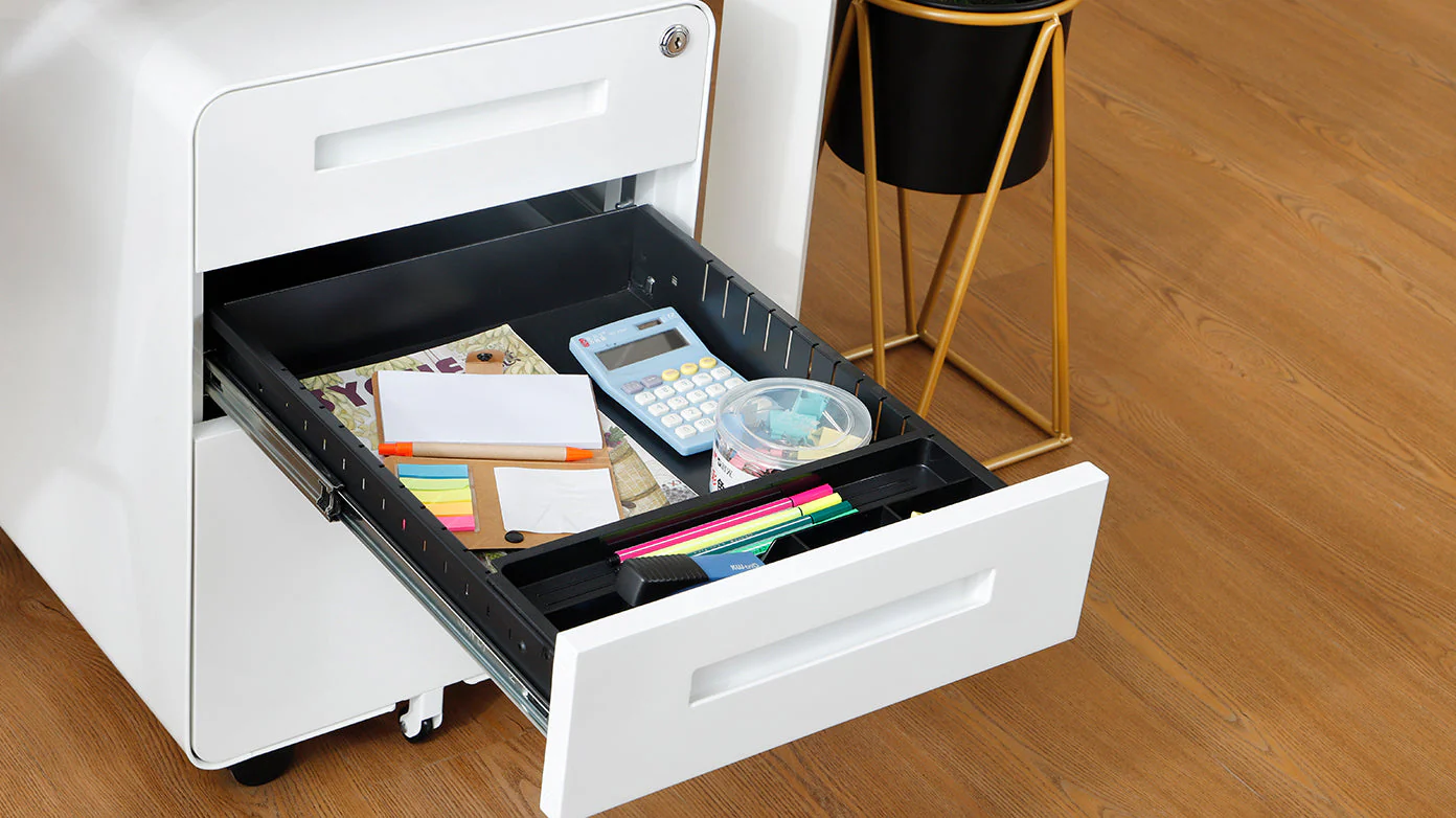 Mobile File Cabinet 3 Drawer Under Desk Legal/A4 Anti-Tilt - White Steel - Image 5