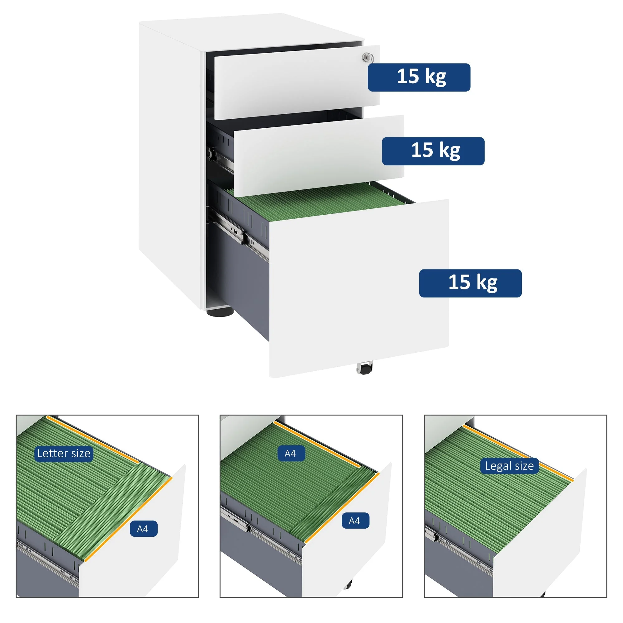 Mobile Filing Cabinet 3 Drawers Office Steel White 39x48x59cm - Image 7