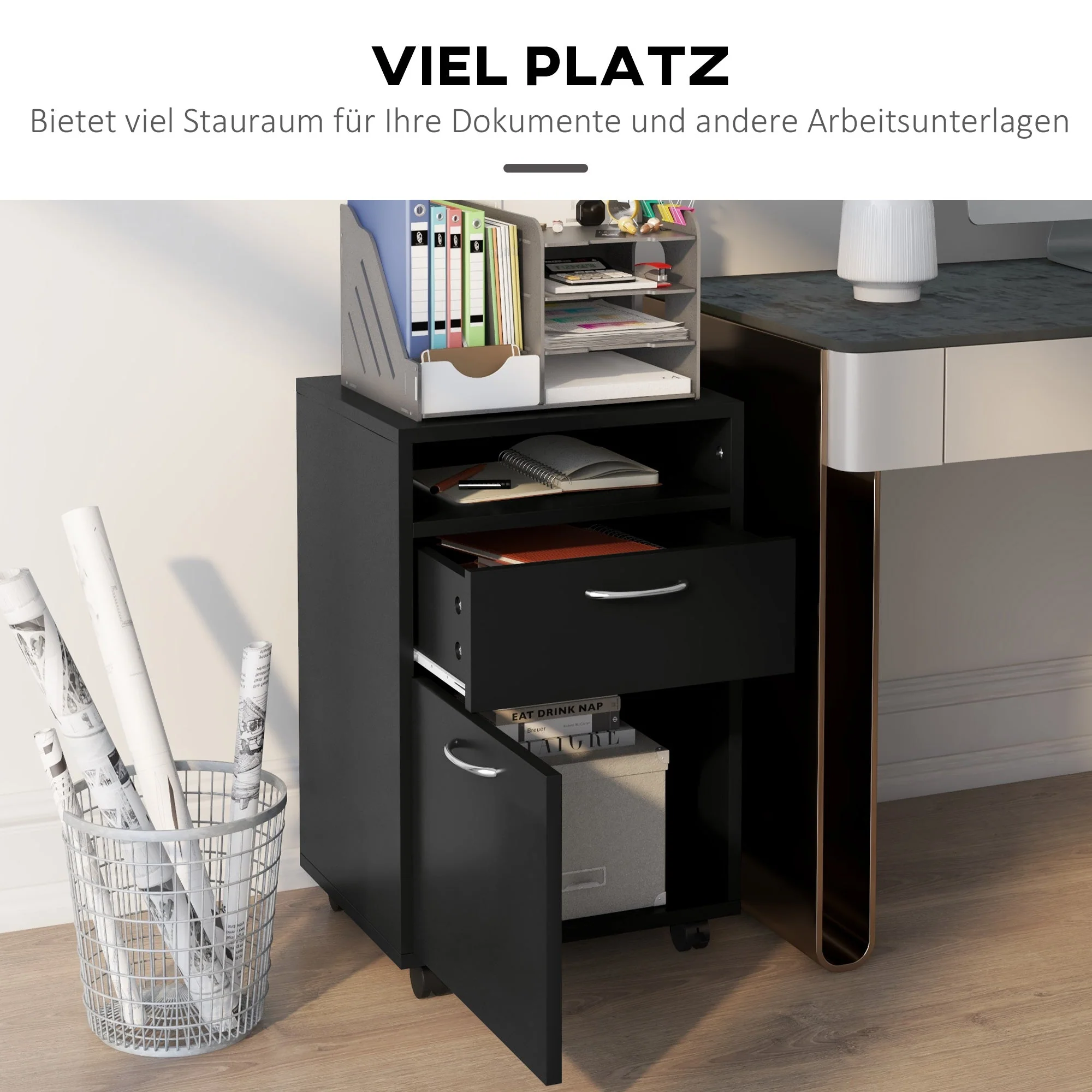 Mobile Filing Cabinet with Drawer, Space-Saving, Functional, Black - Image 4