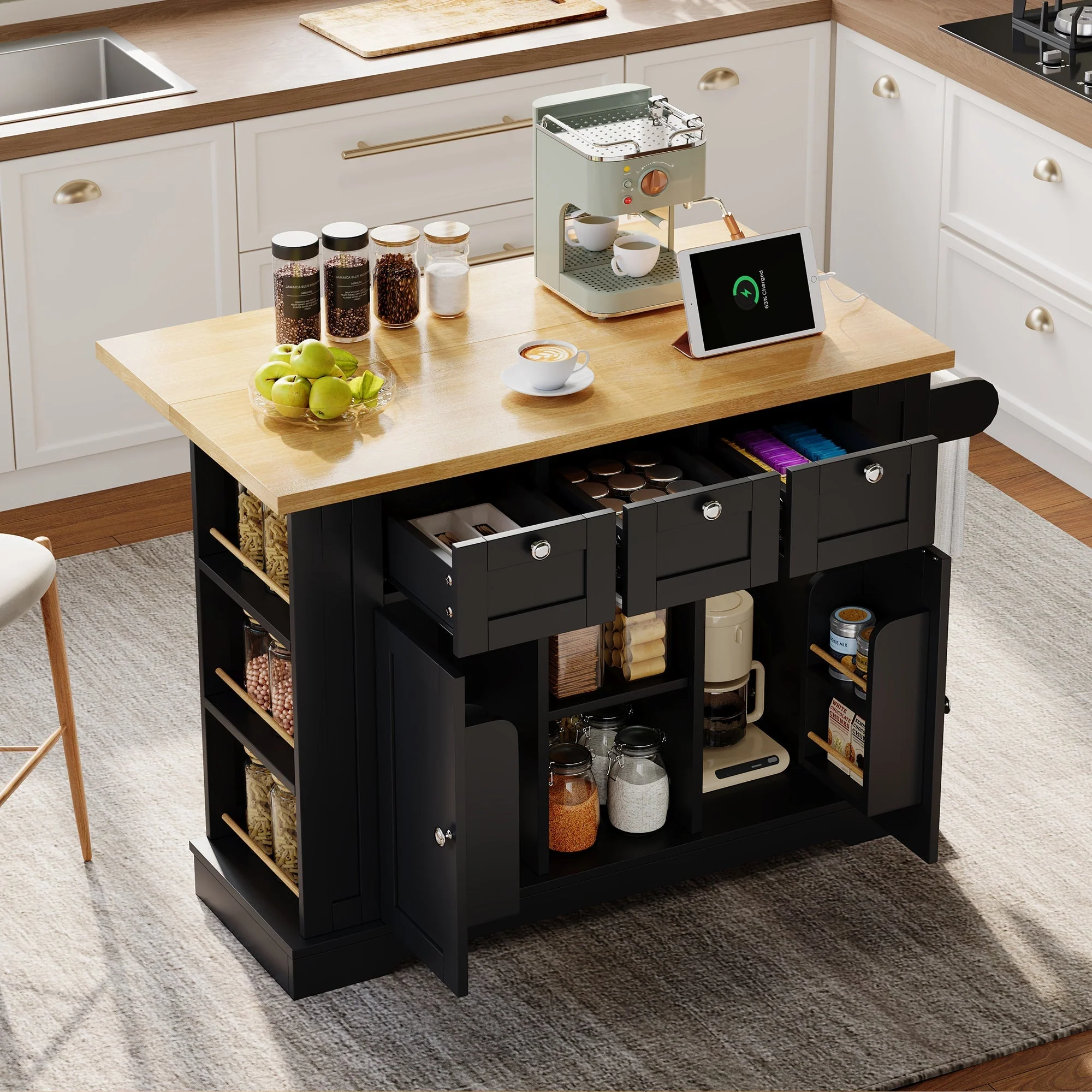 Mobile Kitchen Cart 132cm Folding Worktop Multifunctional Storage Cabinet Integrated Socket Country Style