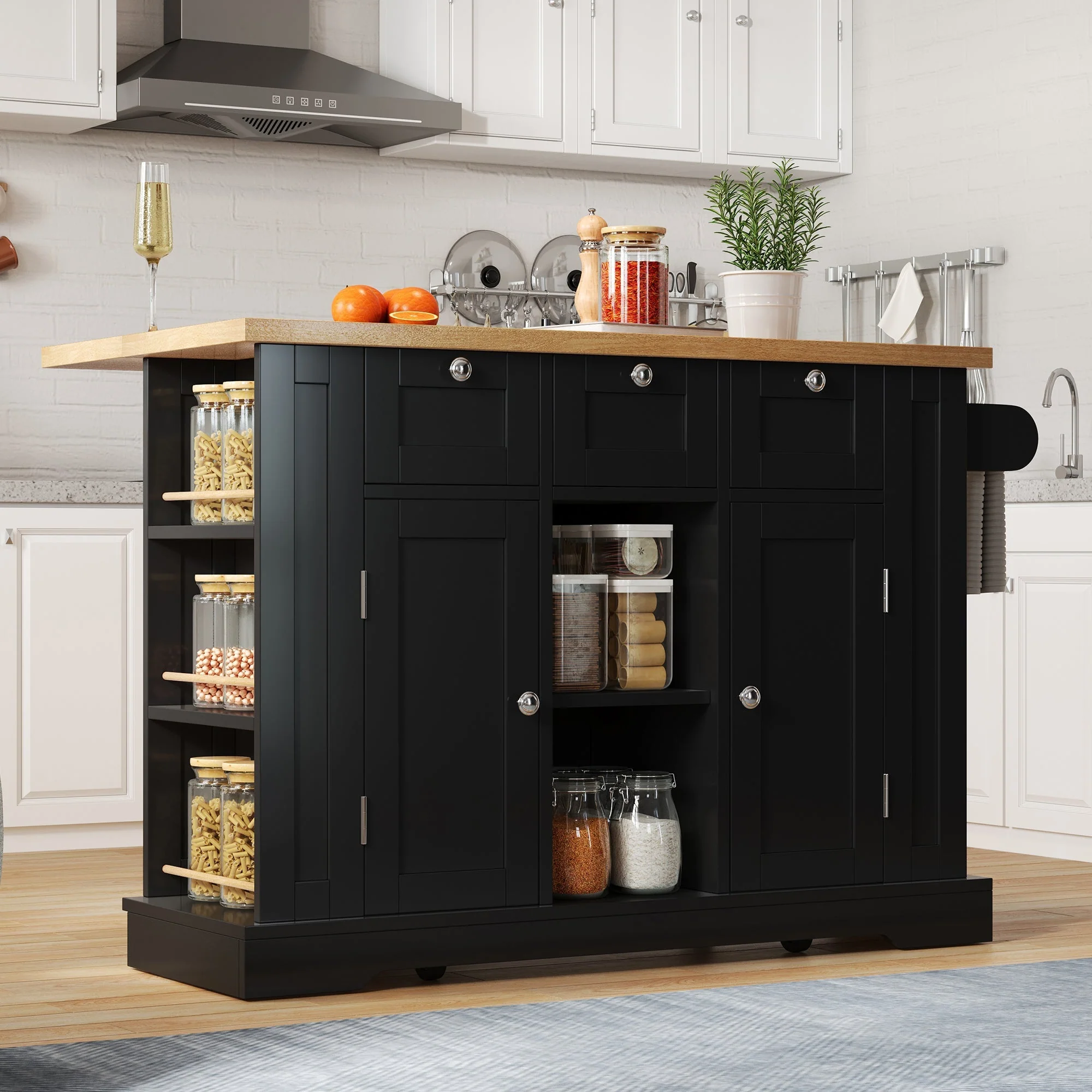 Mobile Kitchen Cart 132cm Folding Worktop Multifunctional Storage Cabinet Integrated Socket Country Style - Image 3