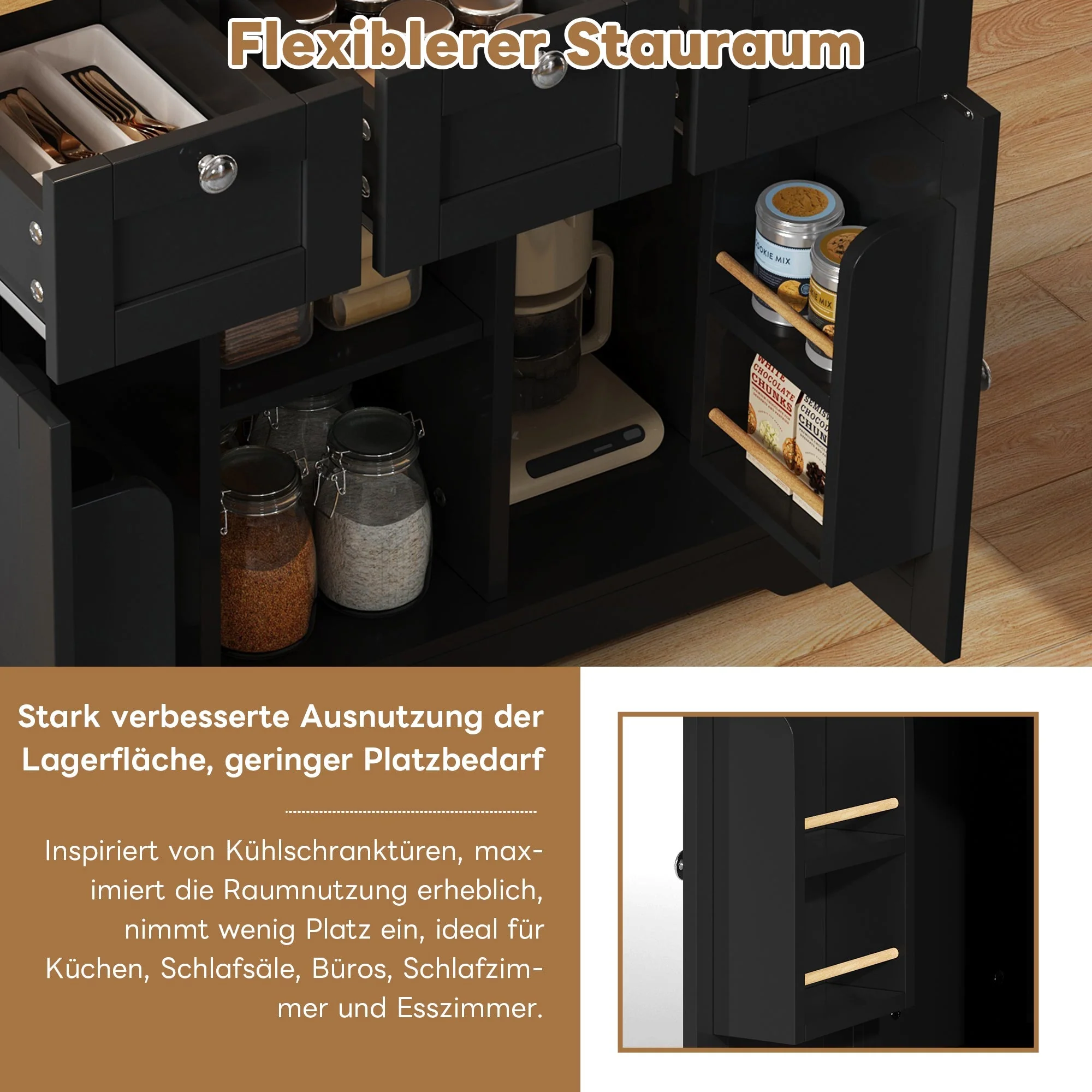 Mobile Kitchen Cart 132cm Folding Worktop Multifunctional Storage Cabinet Integrated Socket Country Style - Image 8