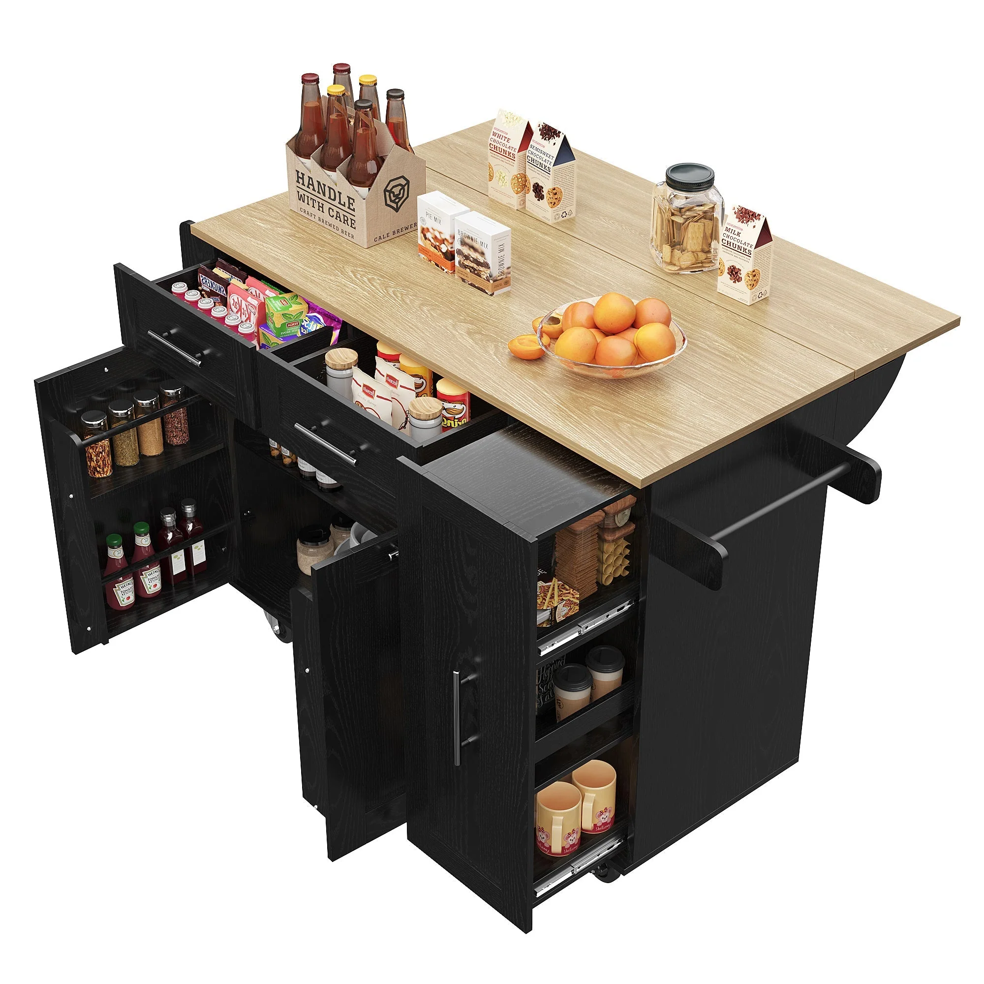 Mobile Kitchen Island Dining Table Extendable Storage - Wood Grain Black - Image 2