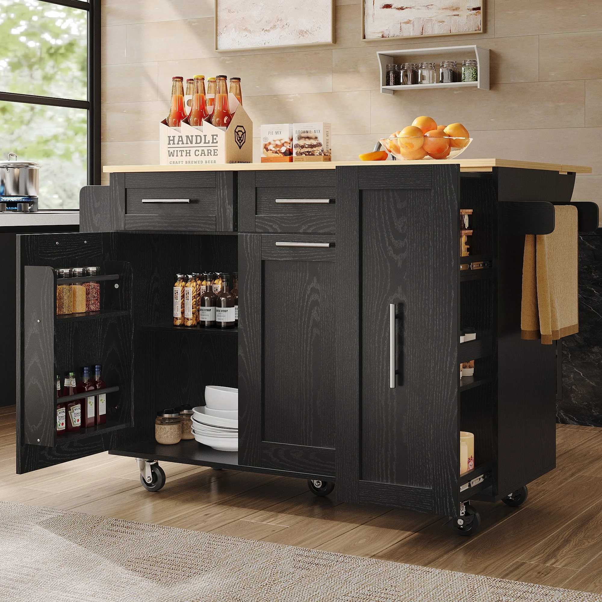 Mobile Kitchen Island Dining Table Extendable Storage - Wood Grain Black - Image 3