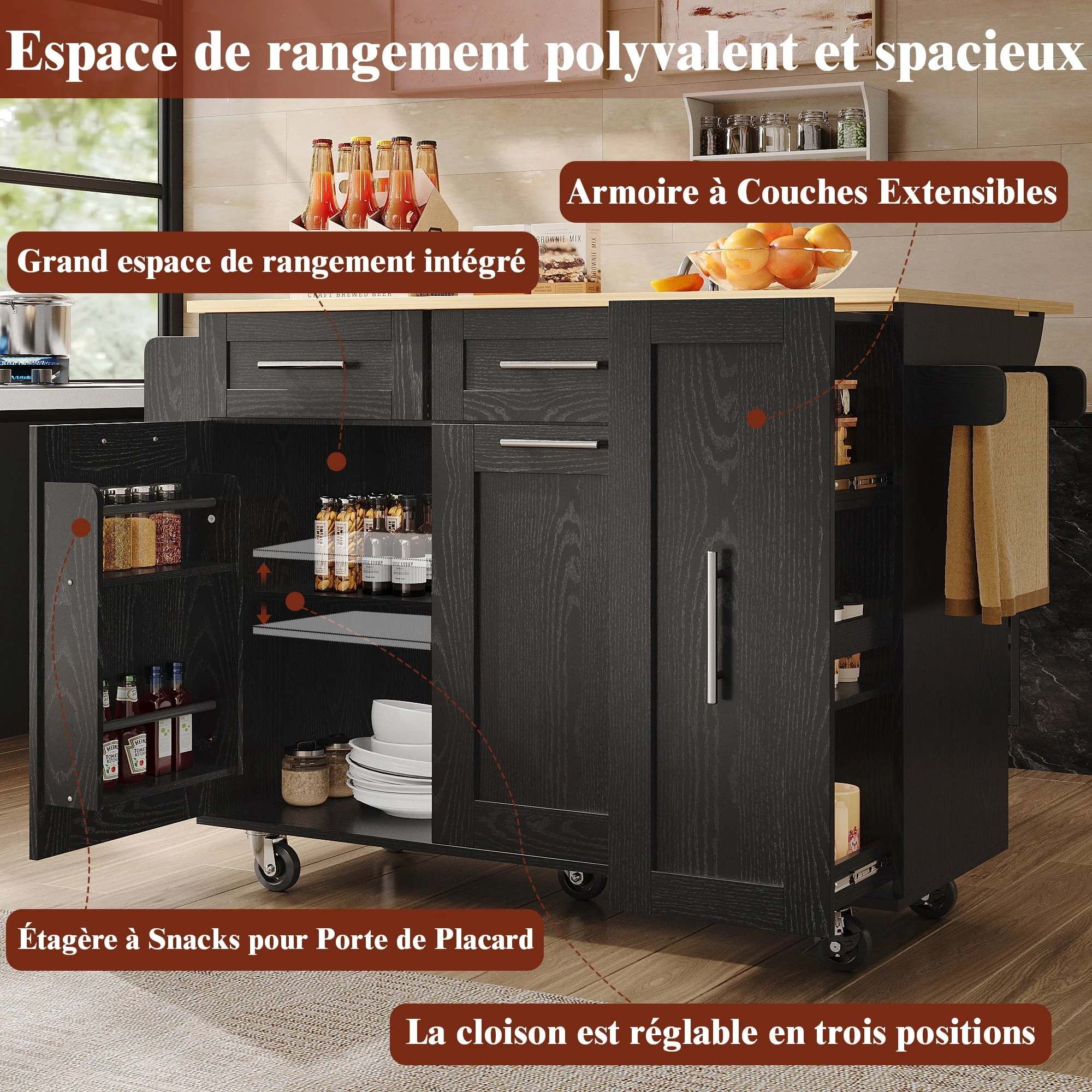 Mobile Kitchen Island Dining Table Extendable Storage - Wood Grain Black - Image 6