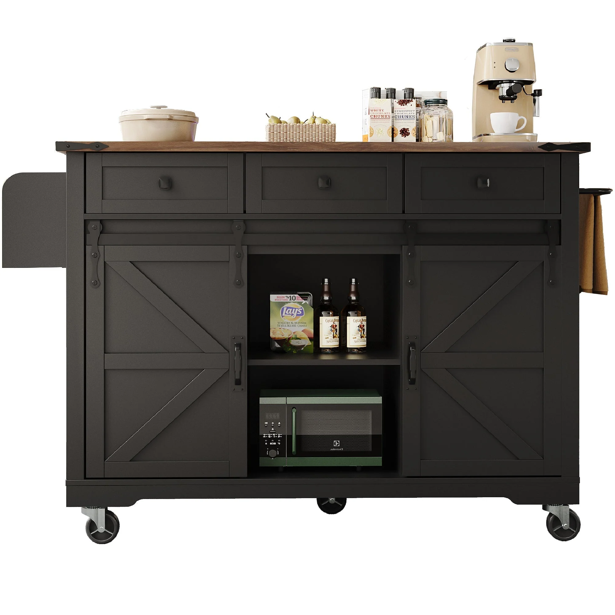 Mobile Kitchen Island Extendable Countertop 2 Sliding Doors 3 Drawers Wood Grain - Black - Image 5