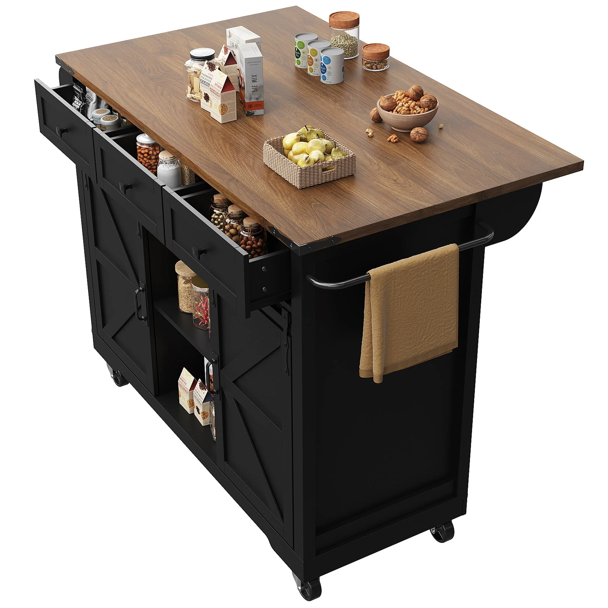 Mobile Kitchen Island Extendable Countertop 2 Sliding Doors 3 Drawers Wood Grain - Black - Image 6