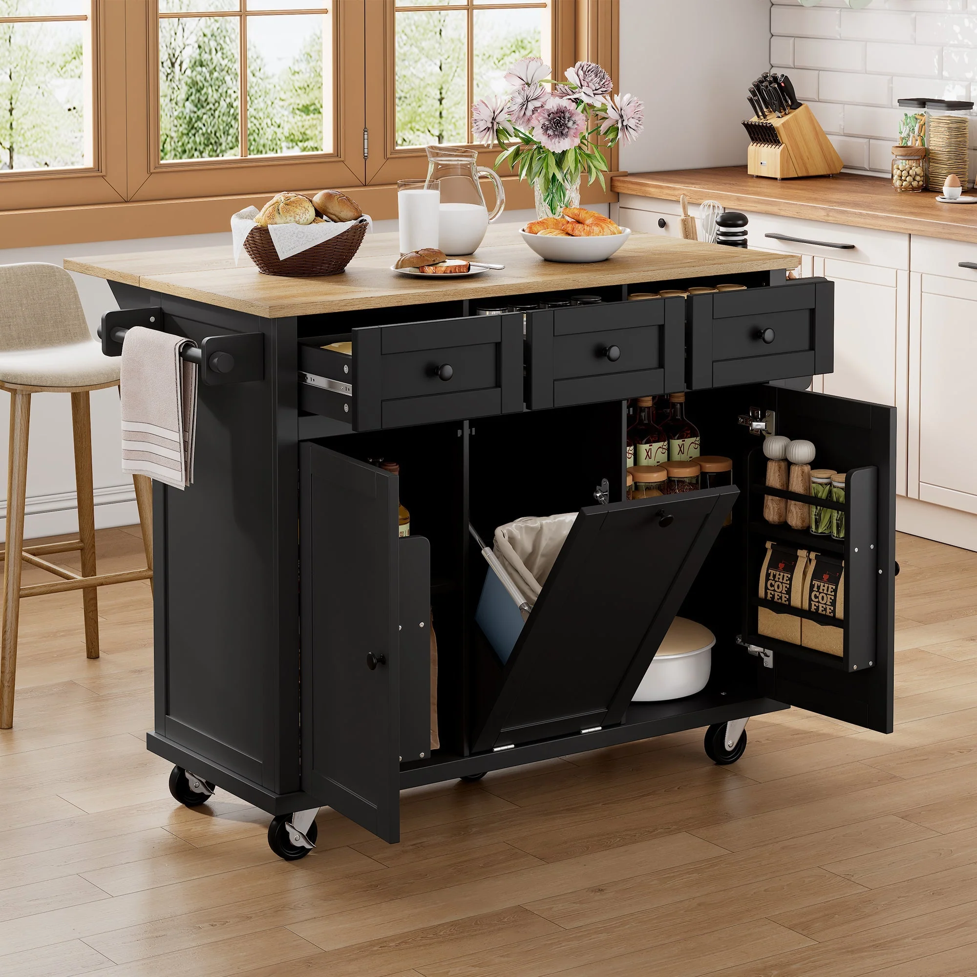 Mobile Kitchen Island Extendable Dining Area Waste Bin & Drawers - Black - Image 2