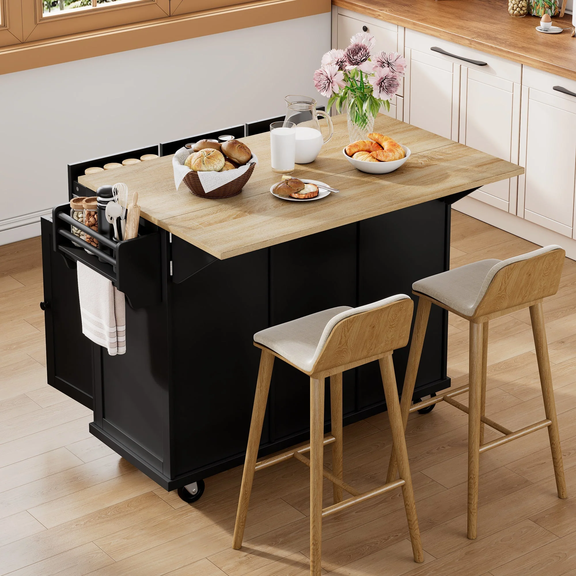 Mobile Kitchen Island Extendable Dining Area Waste Bin & Drawers - Black - Image 4