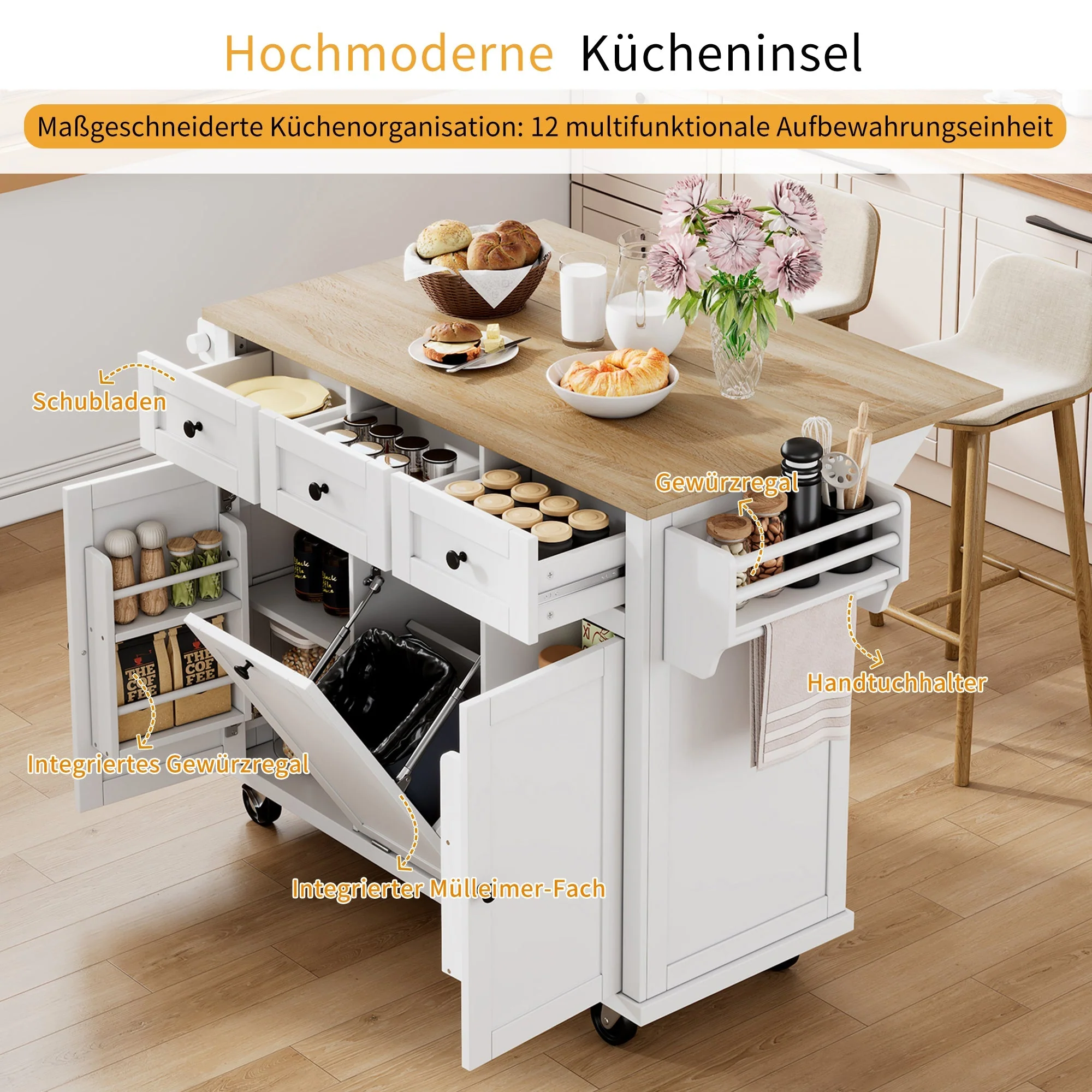 Mobile Kitchen Island Extendable Dining Area with Waste Bin & Drawers, White - Image 6