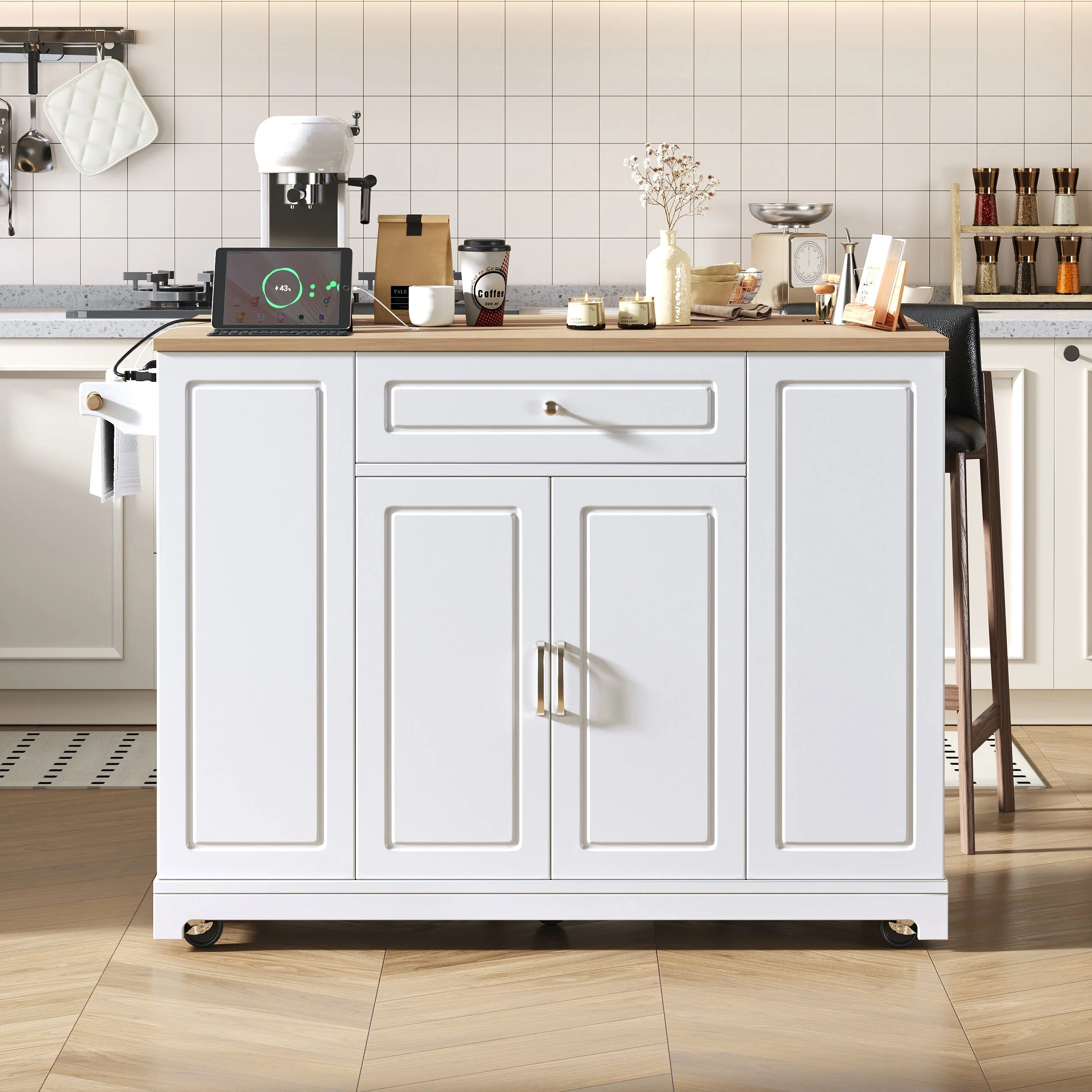 Mobile Kitchen Island Extendable Dining Storage Drawers Waste Bin - White - Image 2