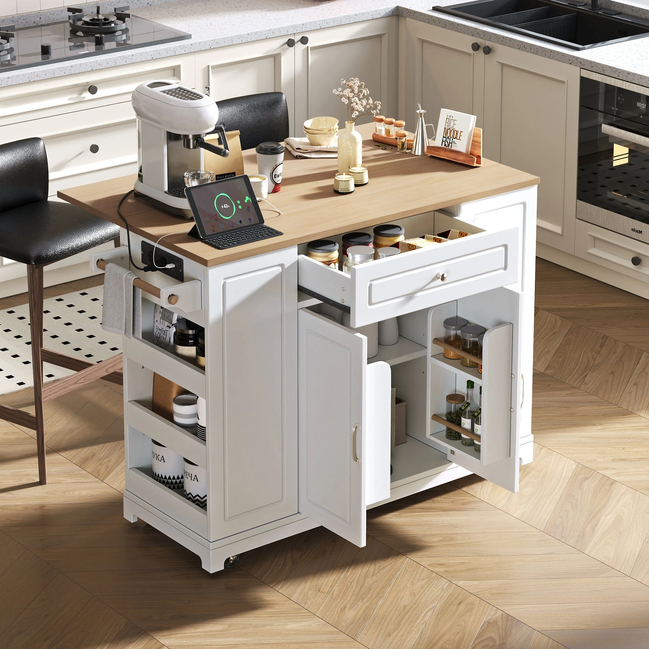 Mobile Kitchen Island Extendable Dining Storage Drawers Waste Bin - White - Image 3