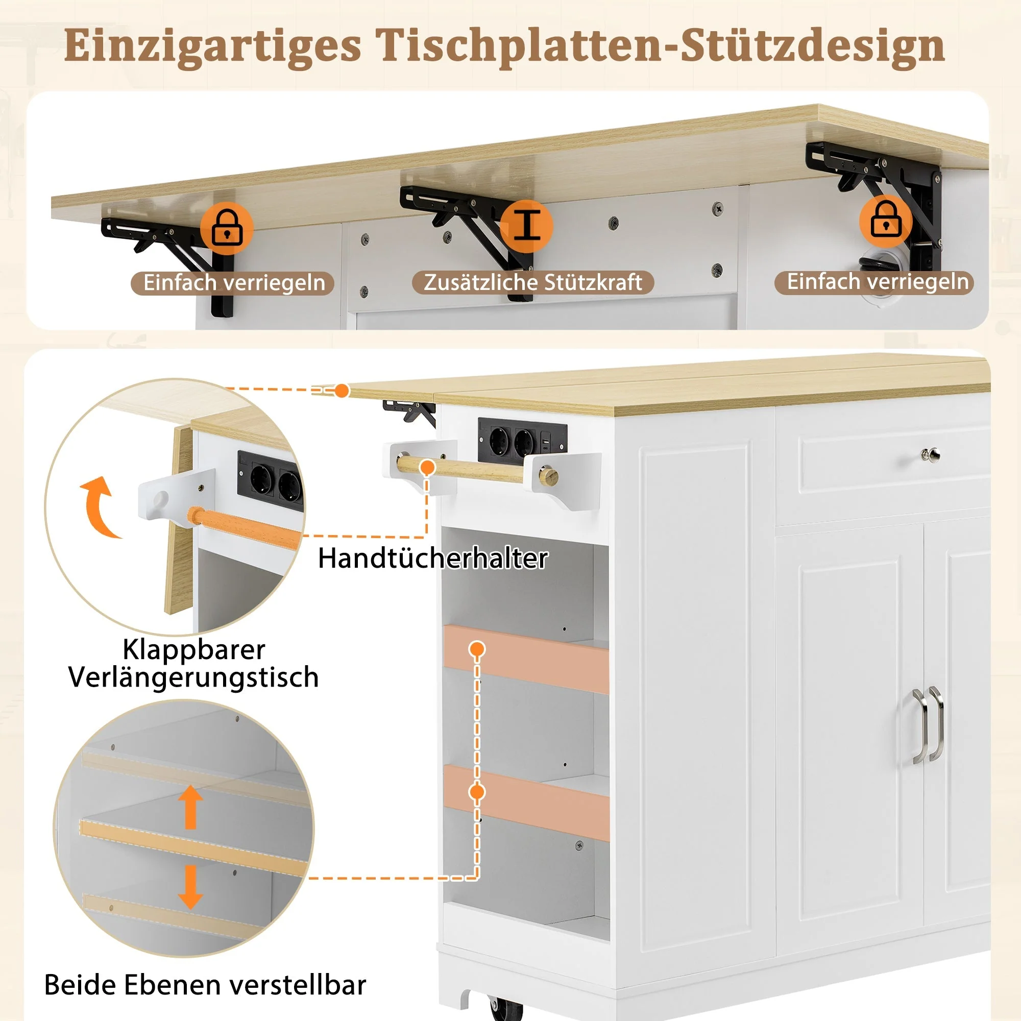Mobile Kitchen Island Extendable Dining Storage Drawers Waste Bin - White - Image 7