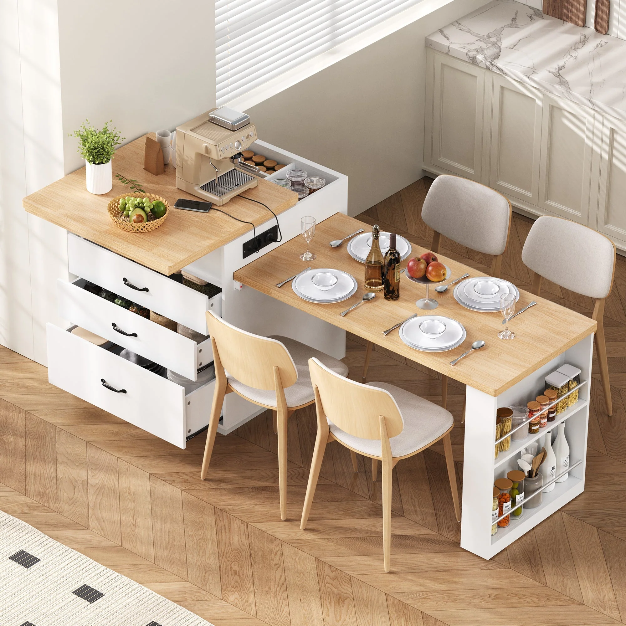 Mobile Kitchen Island Extendable Dining Table with LED & Power Strips - White - Image 2