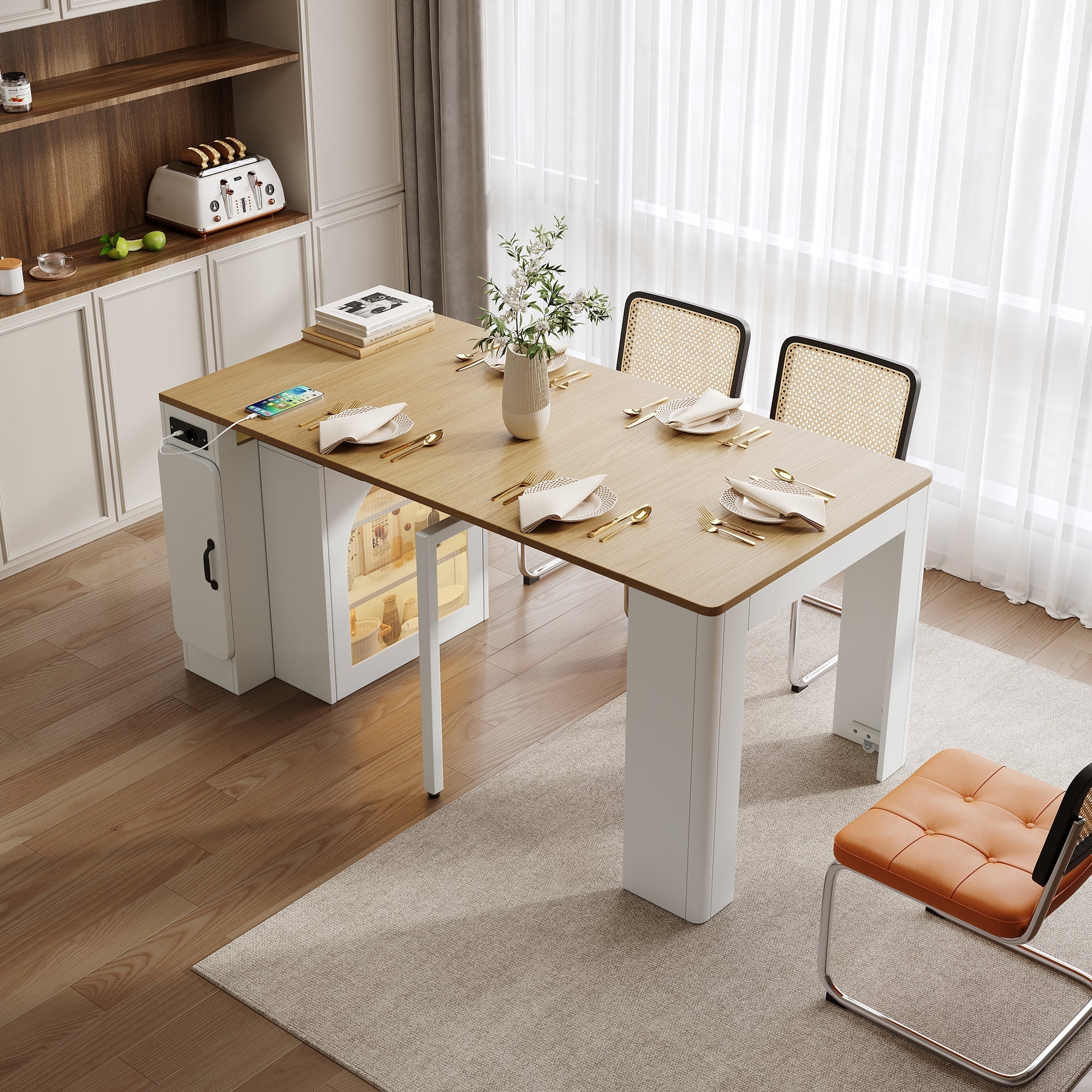 Mobile Kitchen Island Extendable Table Removable Top Power Strips - White - Image 4