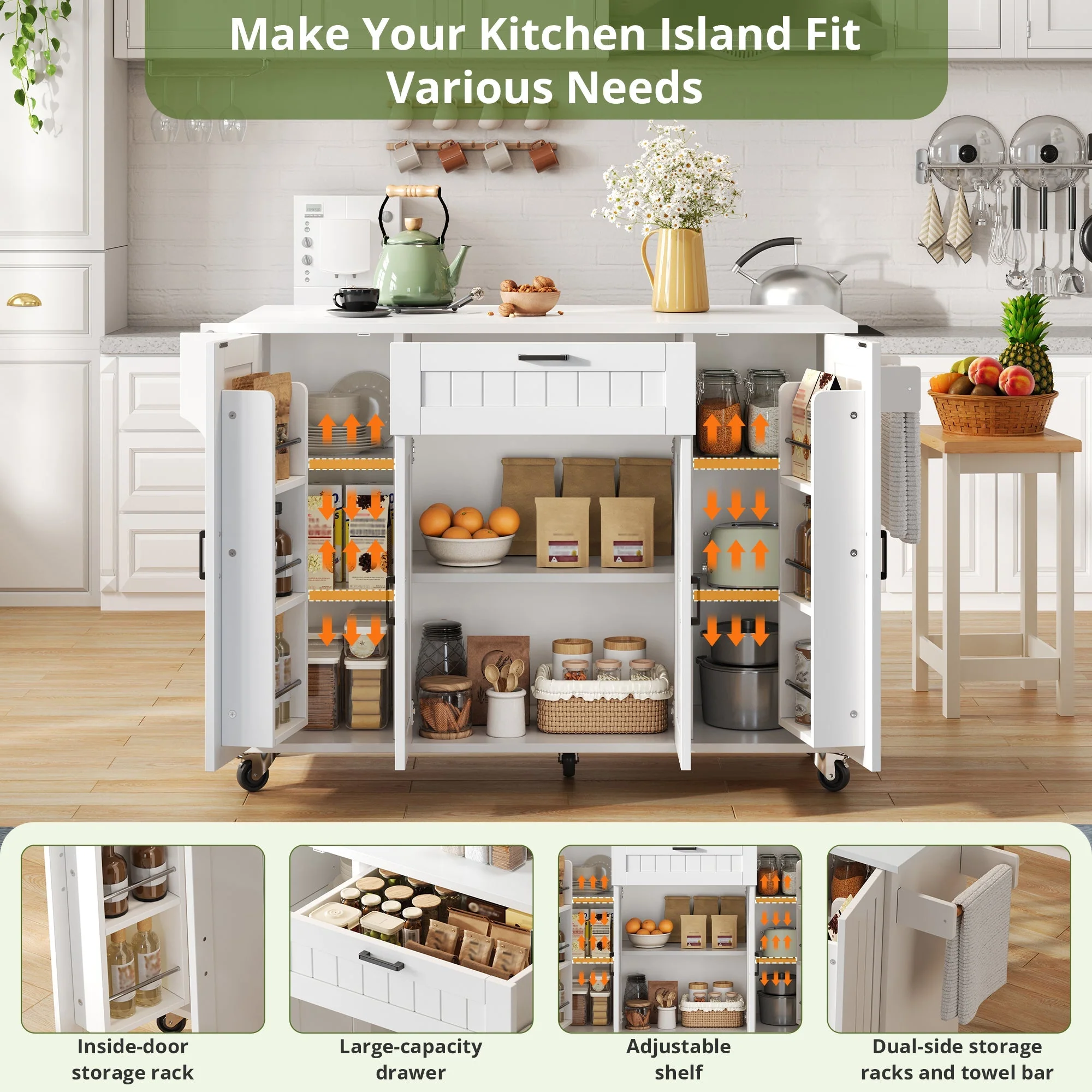 Mobile Kitchen Island Folding Worktop, Cabinet Storage, Spice Racks & Towel Rails - White - Image 3