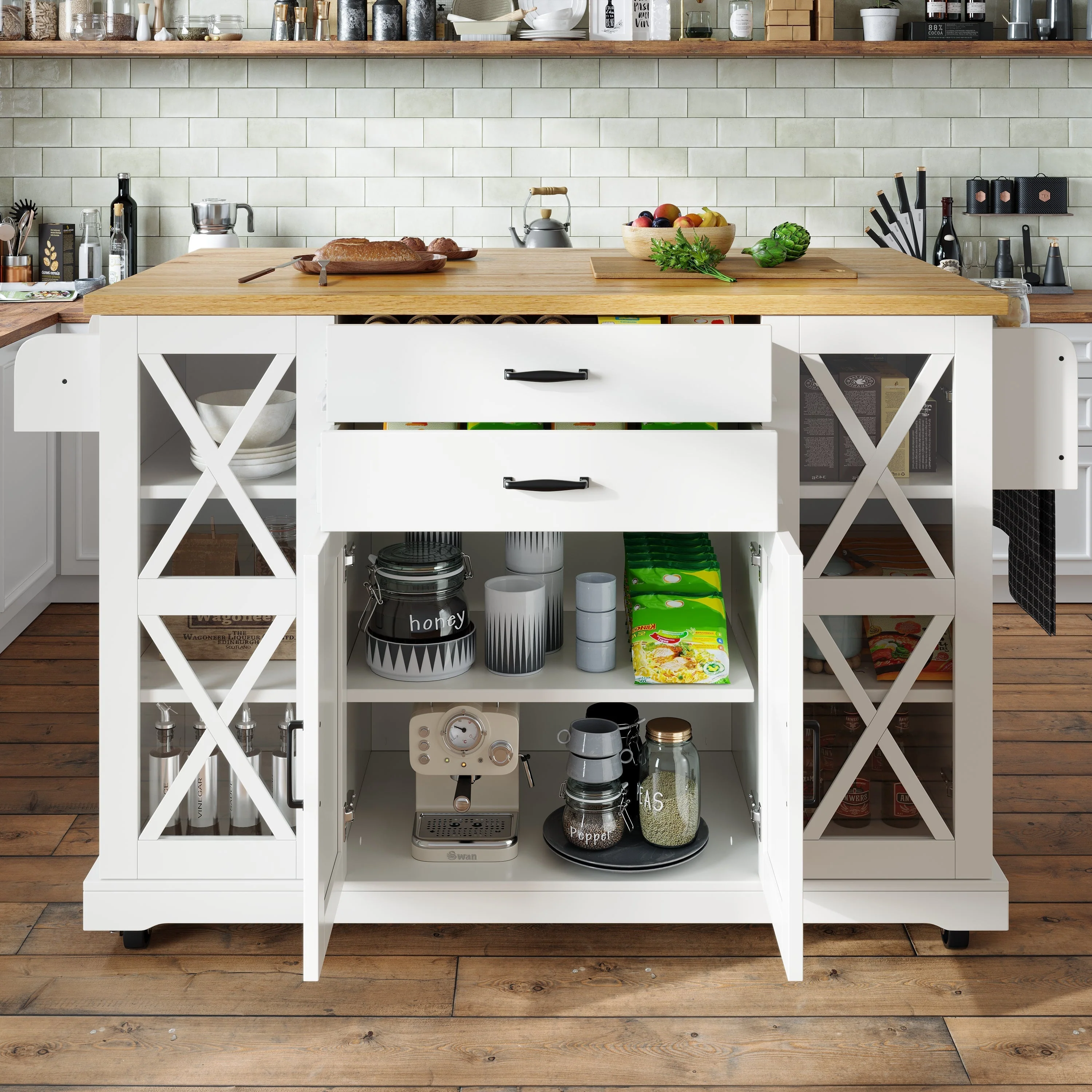 Mobile Kitchen Island Serving Trolley 4 Doors Glass Drawers Adjustable Shelves - White - Image 2