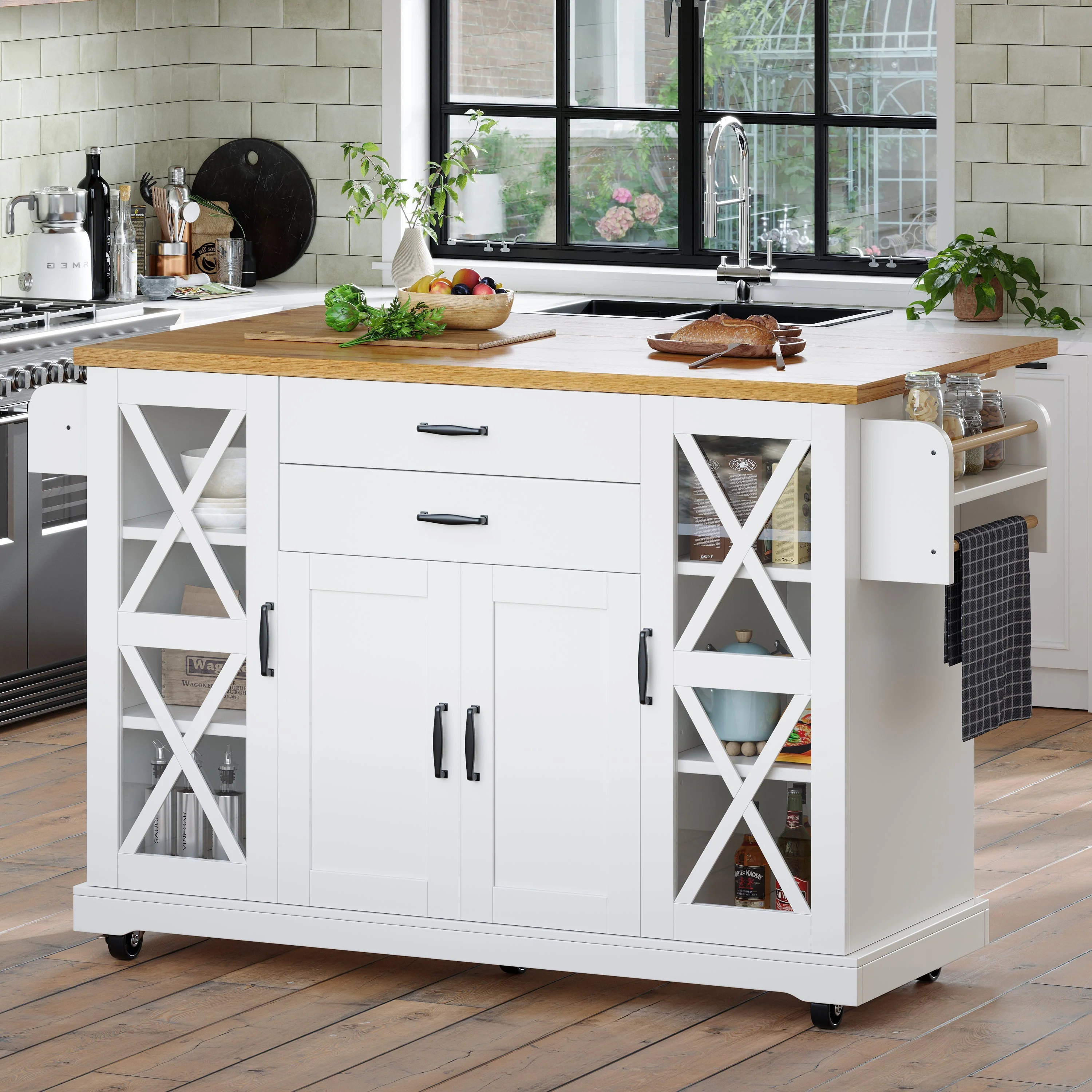Mobile Kitchen Island Serving Trolley 4 Doors Glass Drawers Adjustable Shelves - White - Image 3