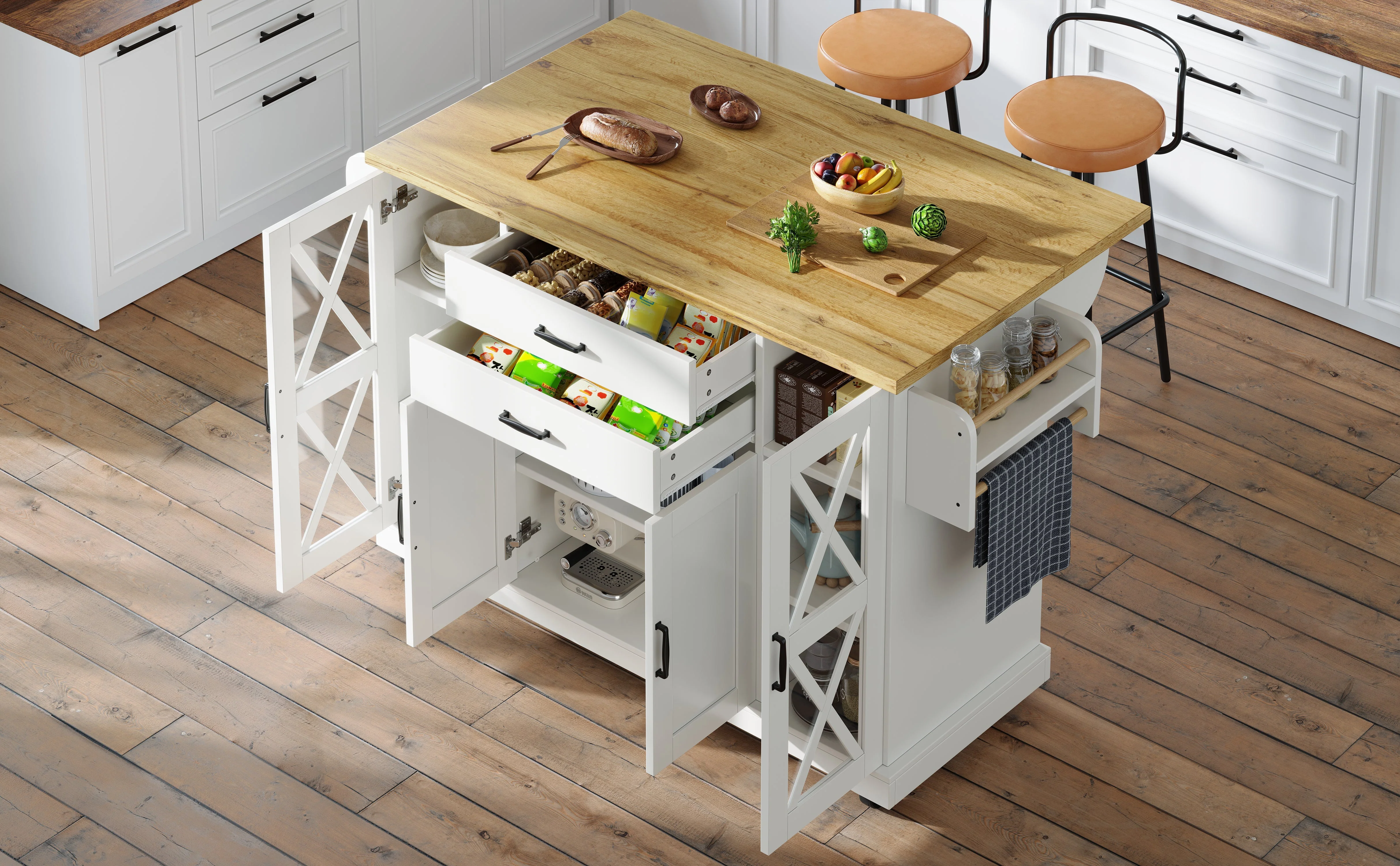 Mobile Kitchen Island Serving Trolley 4 Doors Glass Drawers Adjustable Shelves - White - Image 4