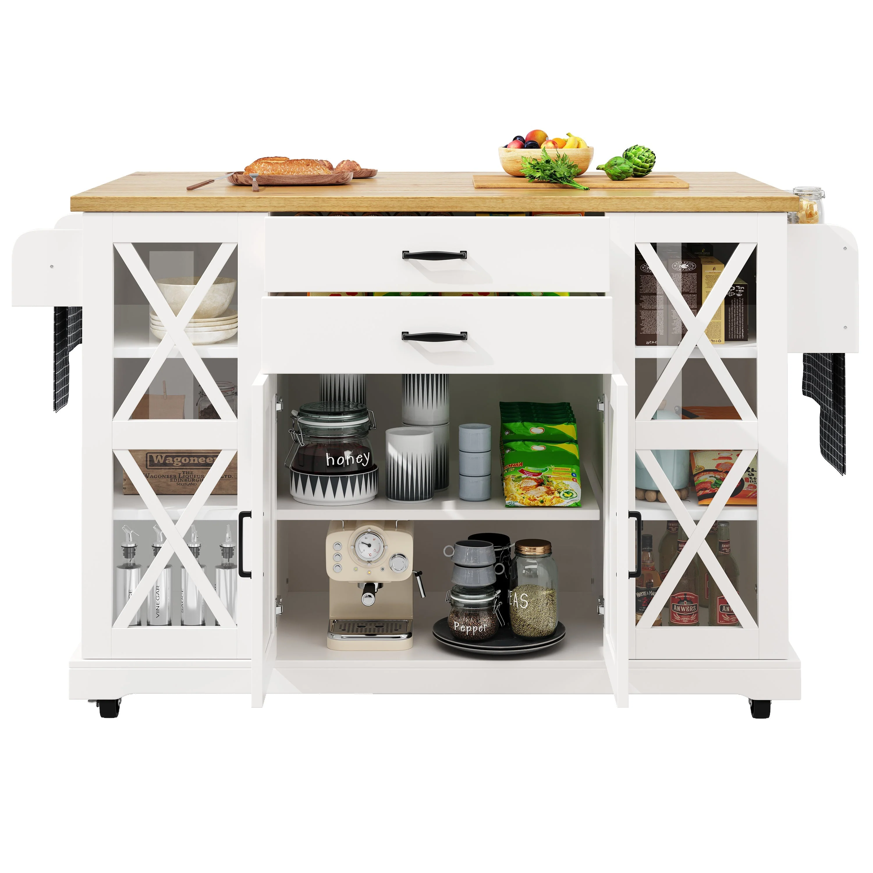 Mobile Kitchen Island Serving Trolley 4 Doors Glass Drawers Adjustable Shelves - White - Image 6