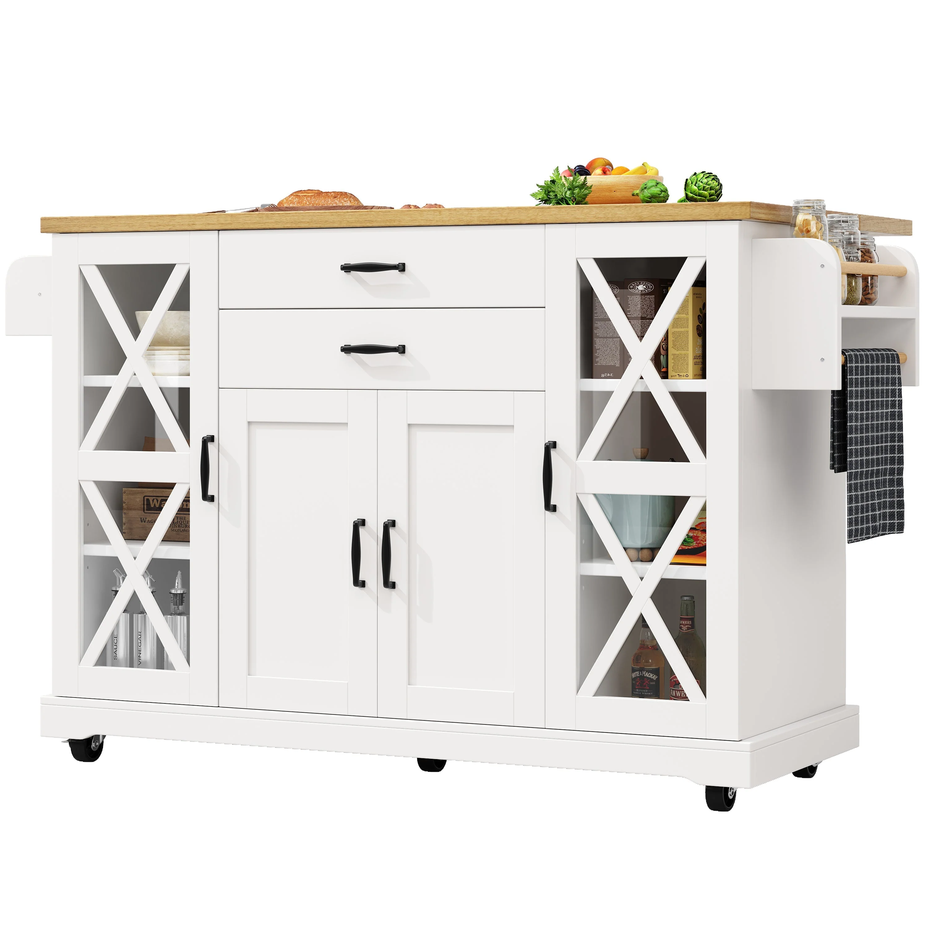 Mobile Kitchen Island Serving Trolley 4 Doors Glass Drawers Adjustable Shelves - White - Image 7