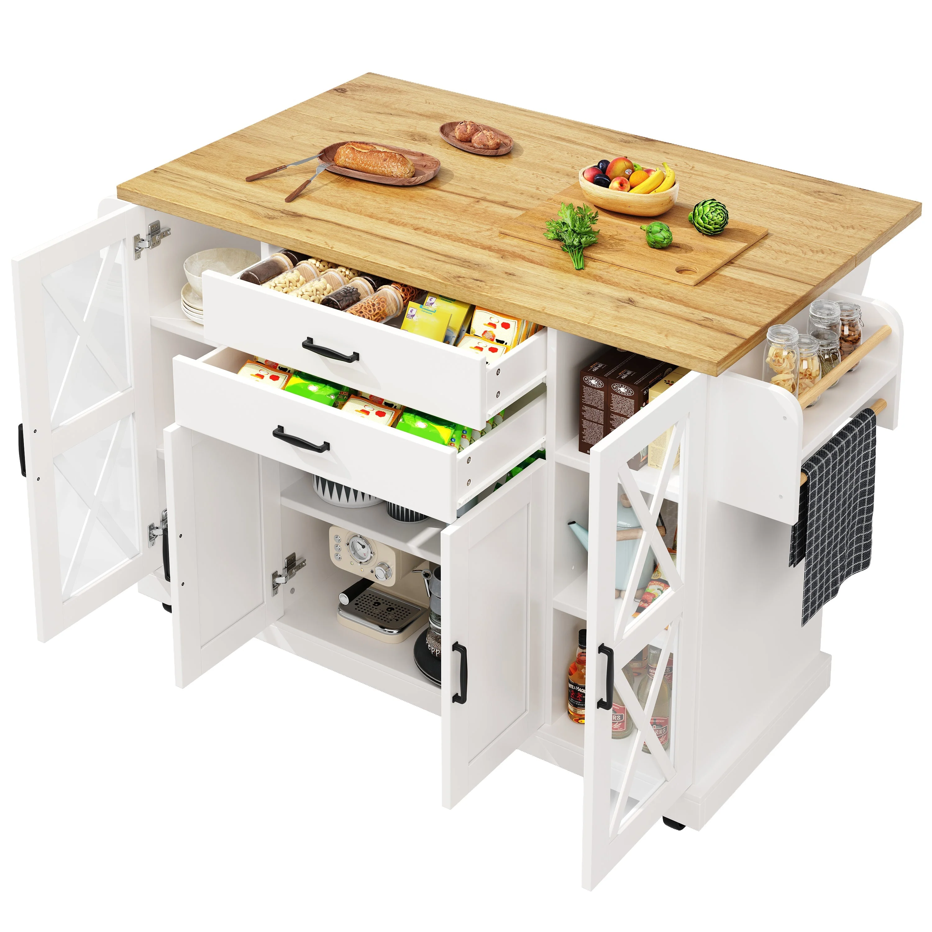 Mobile Kitchen Island Serving Trolley 4 Doors Glass Drawers Adjustable Shelves - White - Image 8