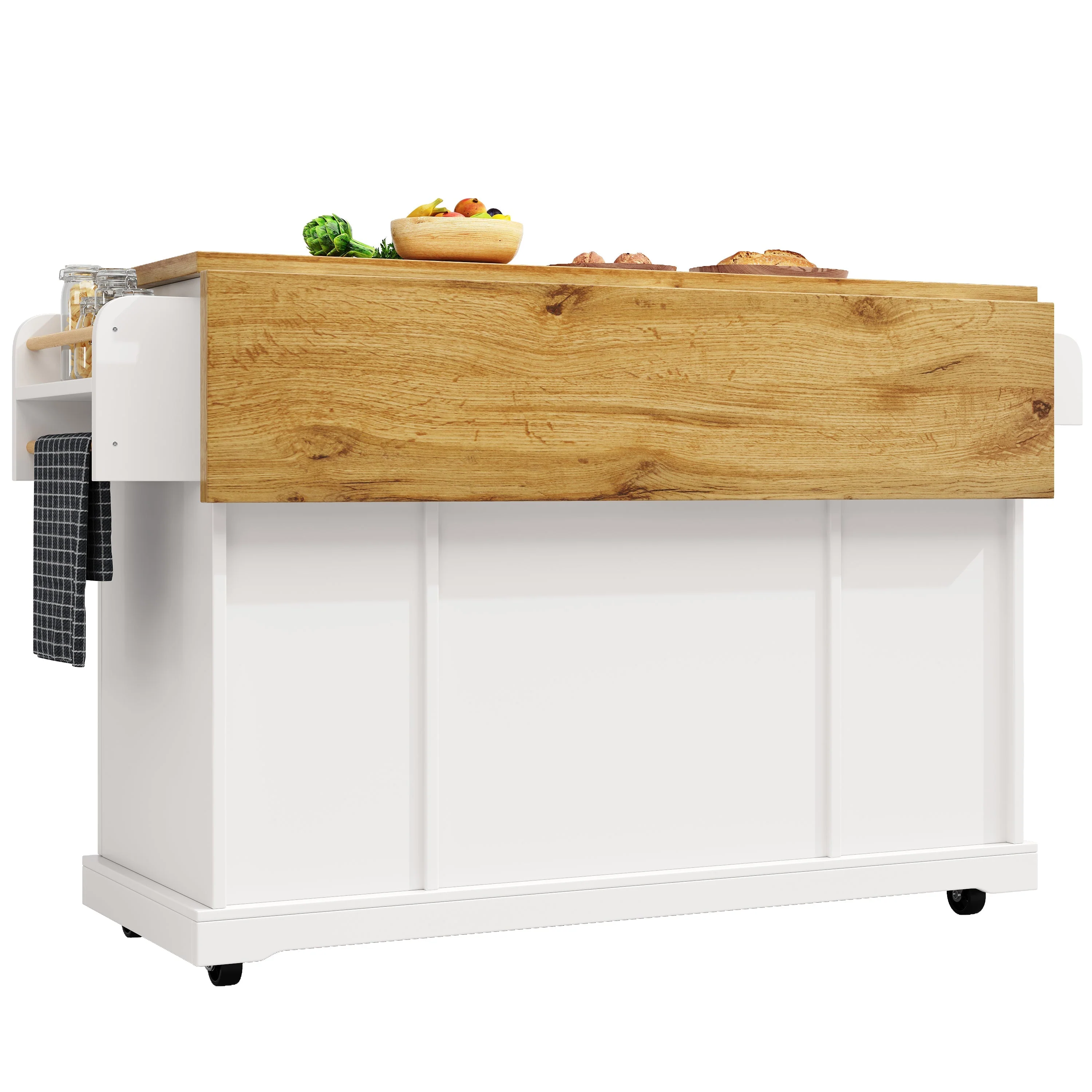 Mobile Kitchen Island Serving Trolley 4 Doors Glass Drawers Adjustable Shelves - White - Image 9