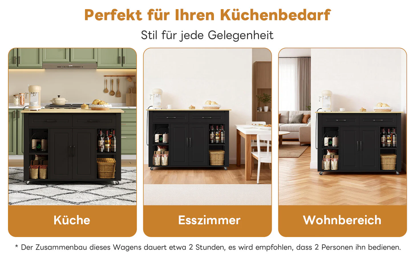 Mobile Kitchen Island with Extendable Bar Counter and Power Outlets, Wood Look - Image 10