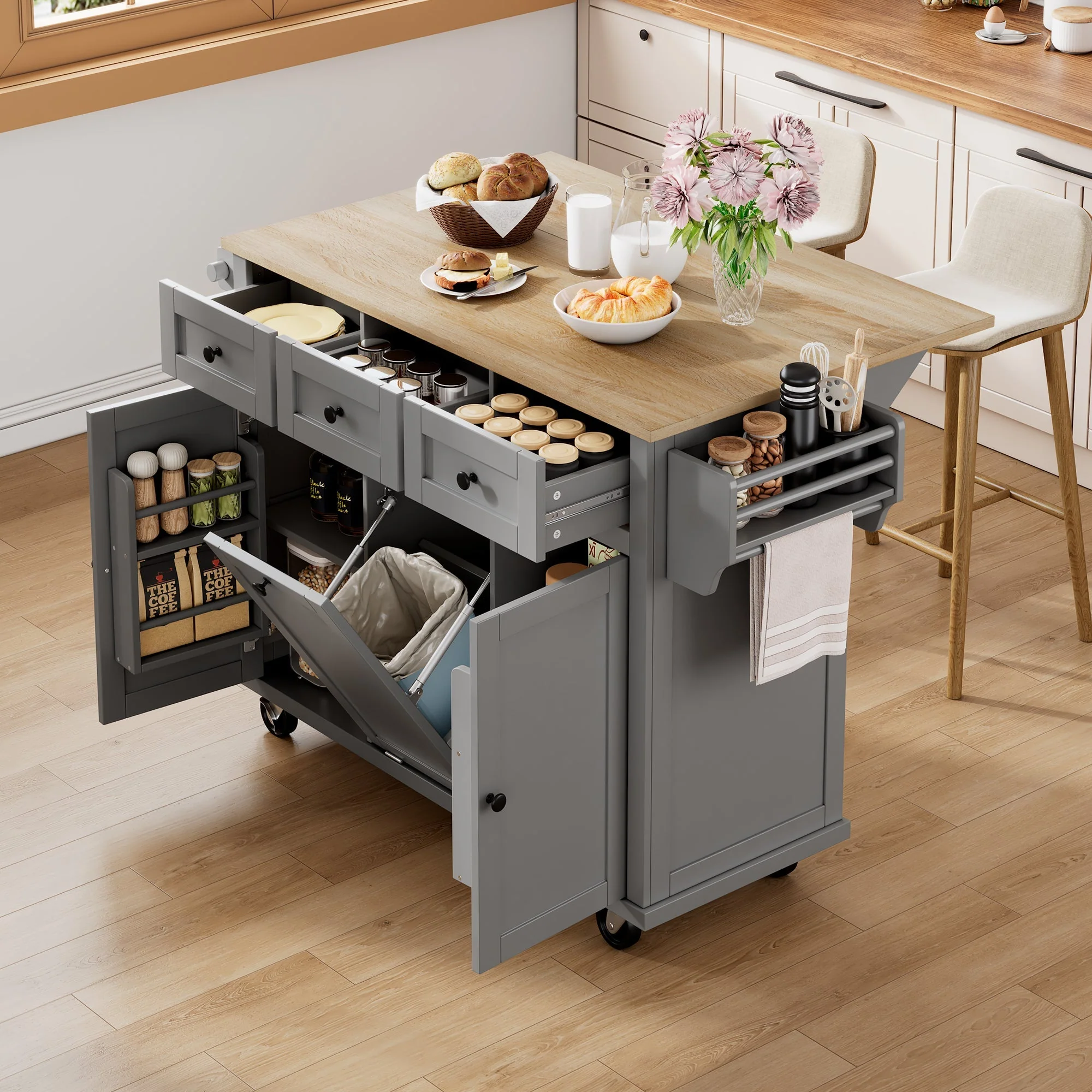 Mobile Kitchen Island with Extendable Dining Area and Waste Bin, Grey - Image 2