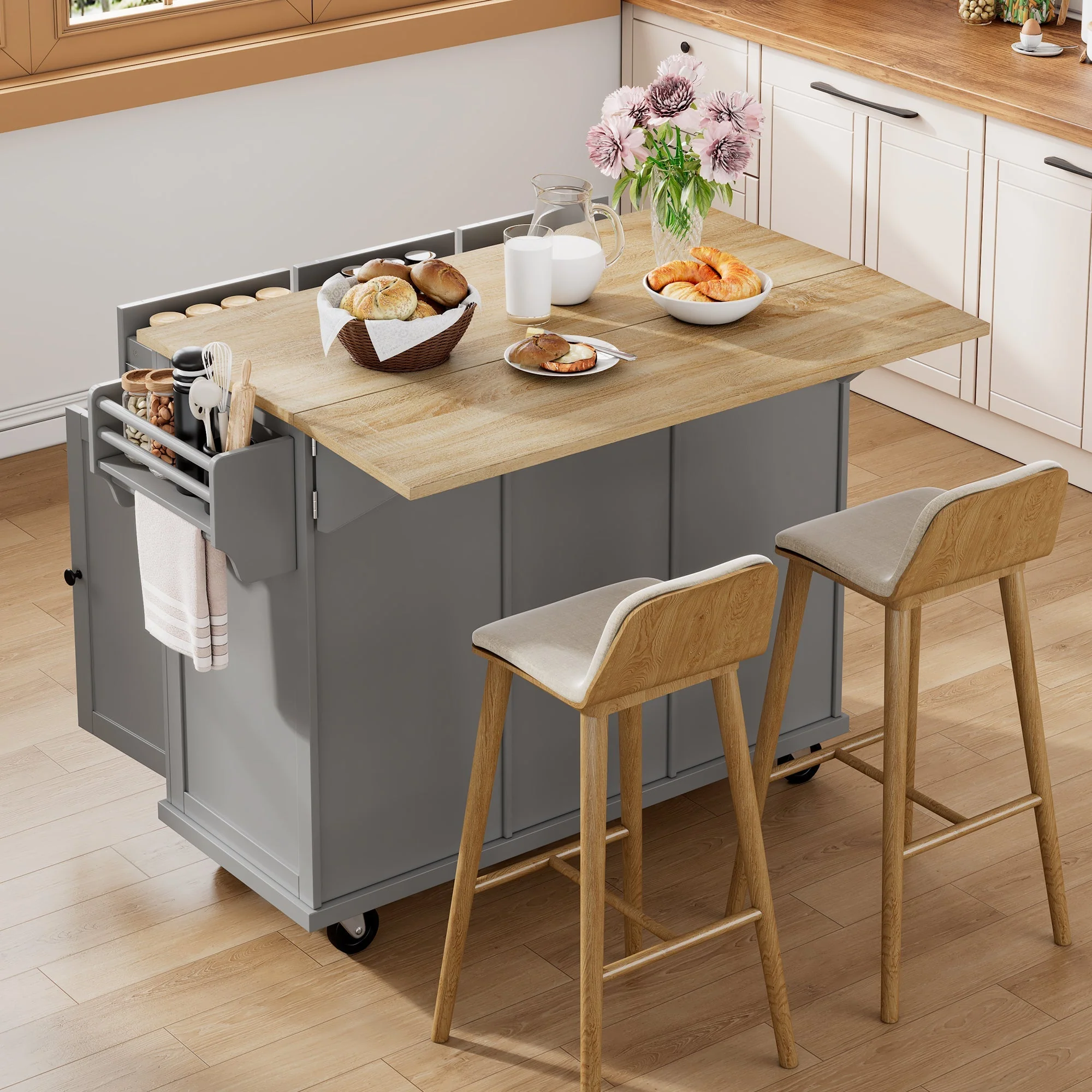 Mobile Kitchen Island with Extendable Dining Area and Waste Bin, Grey - Image 4