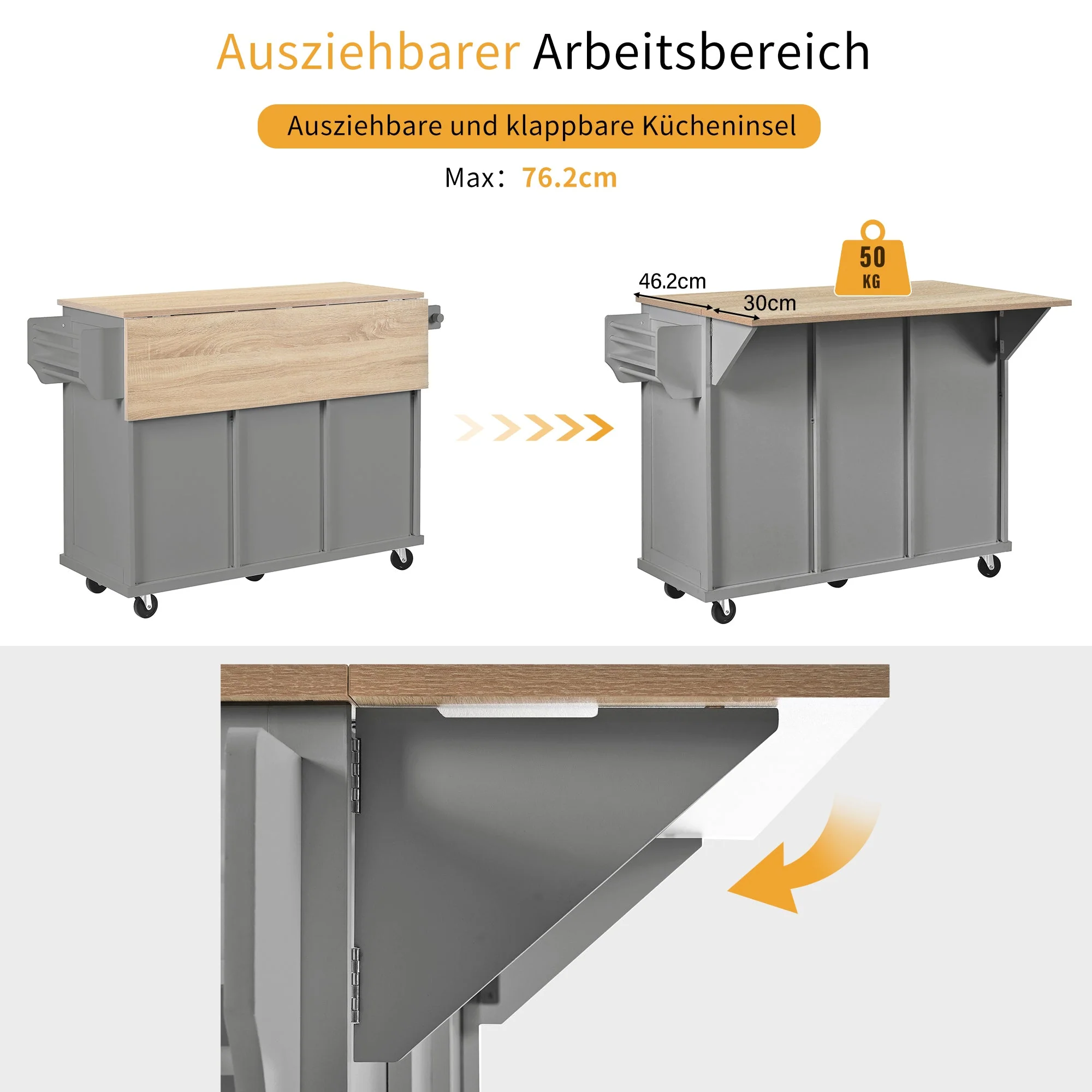 Mobile Kitchen Island with Extendable Dining Area and Waste Bin, Grey - Image 7