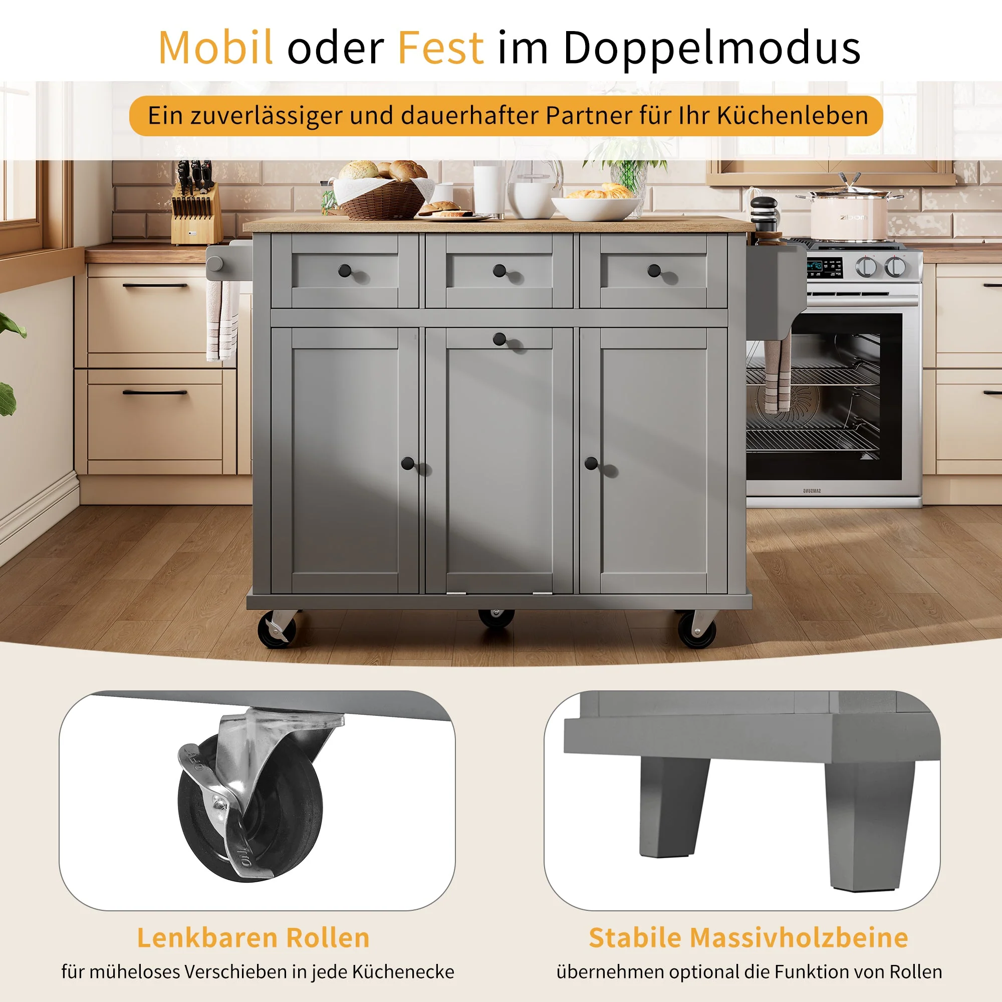 Mobile Kitchen Island with Extendable Dining Area and Waste Bin, Grey - Image 9