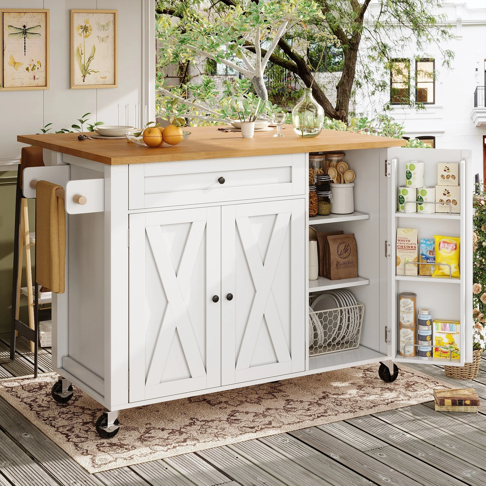 Mobile Kitchen Island with Foldable Table and Storage Drawers, White MDF - Image 4