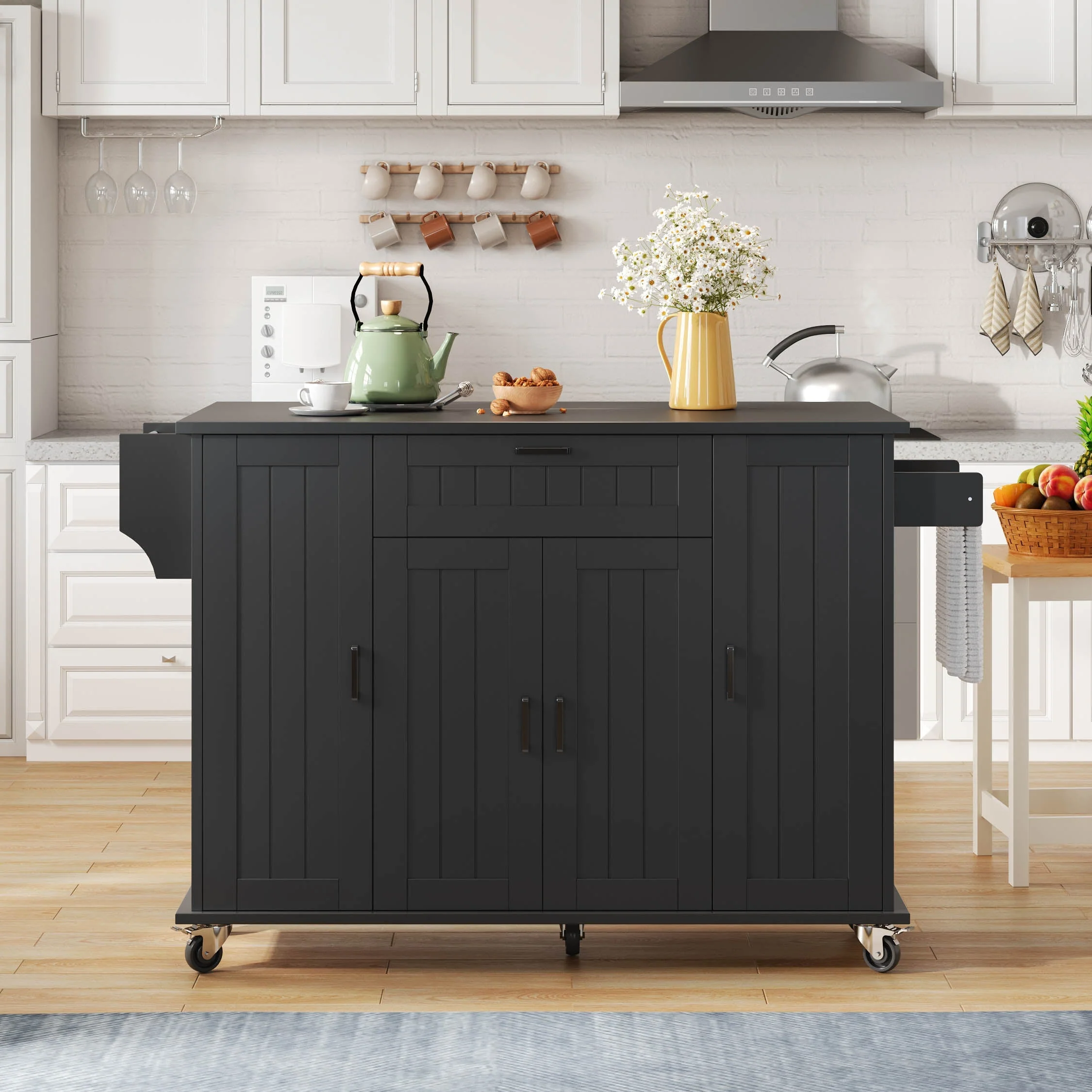 Mobile Kitchen Island with Folding Worktop and Storage Cabinet 4 Doors Black - Image 8