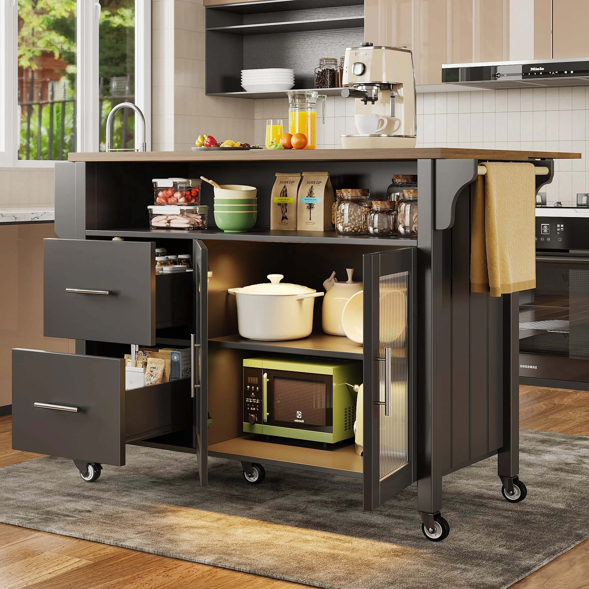 Mobile Kitchen Island with Worktop, Glass Display, LED & Casters - Black - Image 2