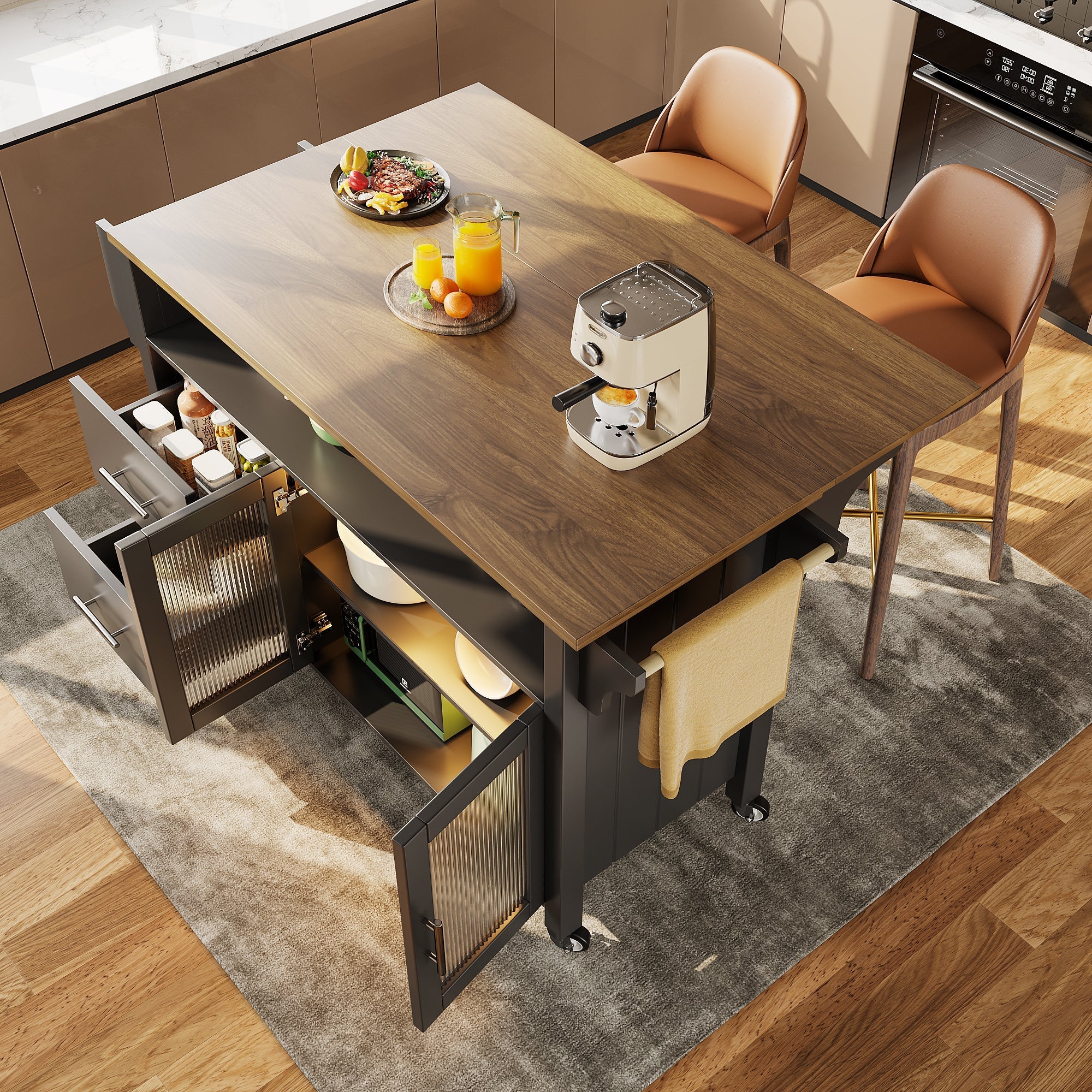 Mobile Kitchen Island with Worktop, Glass Display, LED & Casters - Black - Image 3