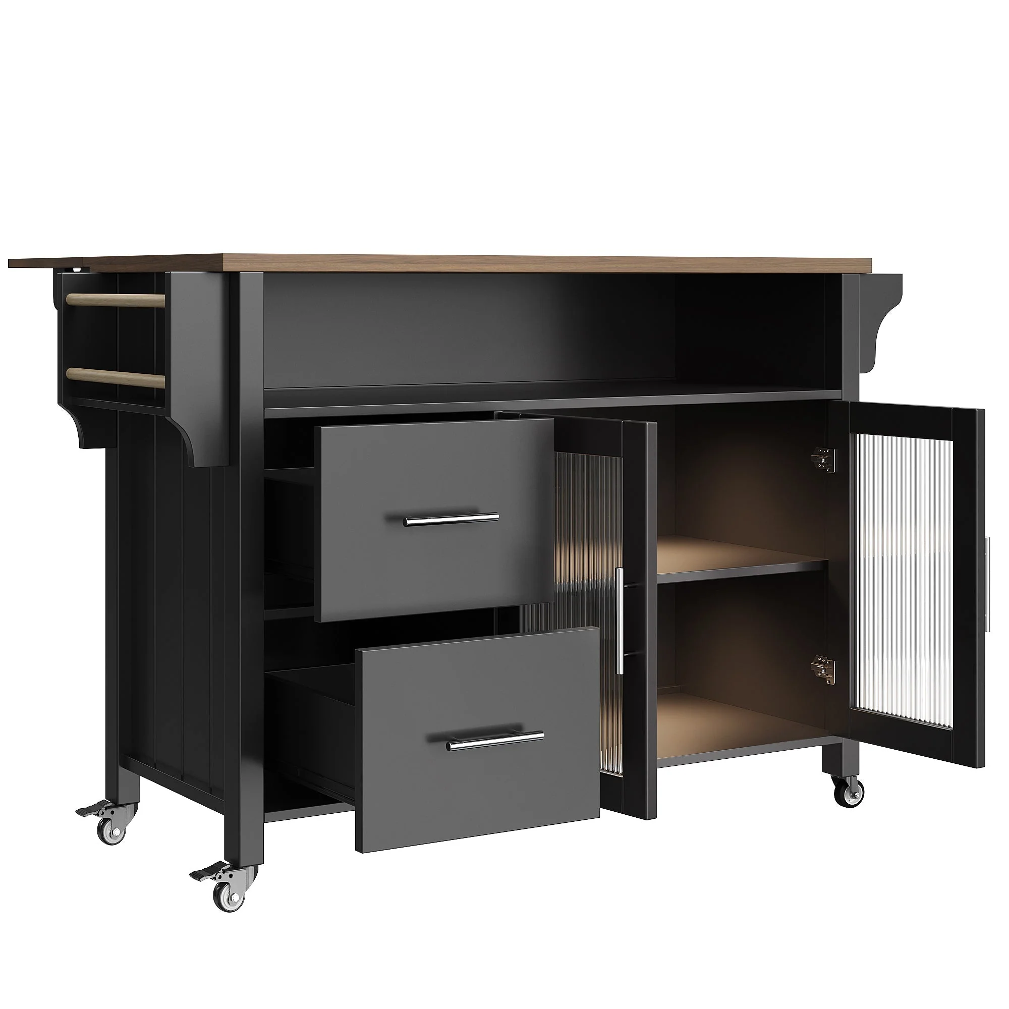 Mobile Kitchen Island with Worktop, Glass Display, LED & Casters - Black - Image 8