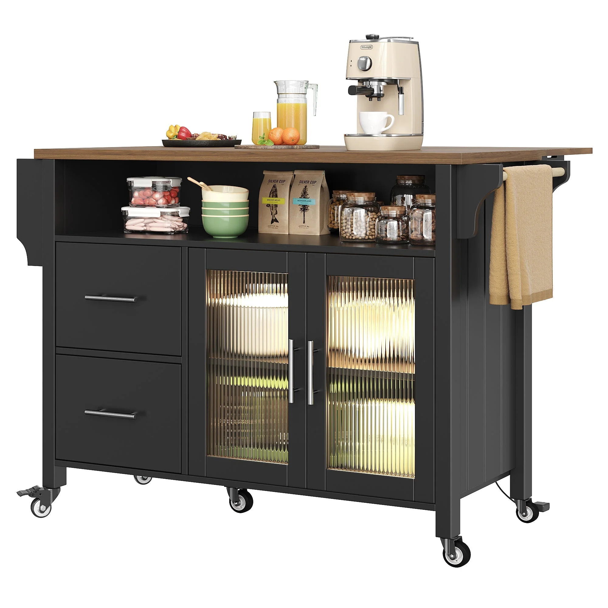 Mobile Kitchen Island with Worktop, Glass Display, LED & Casters - Black - Image 9
