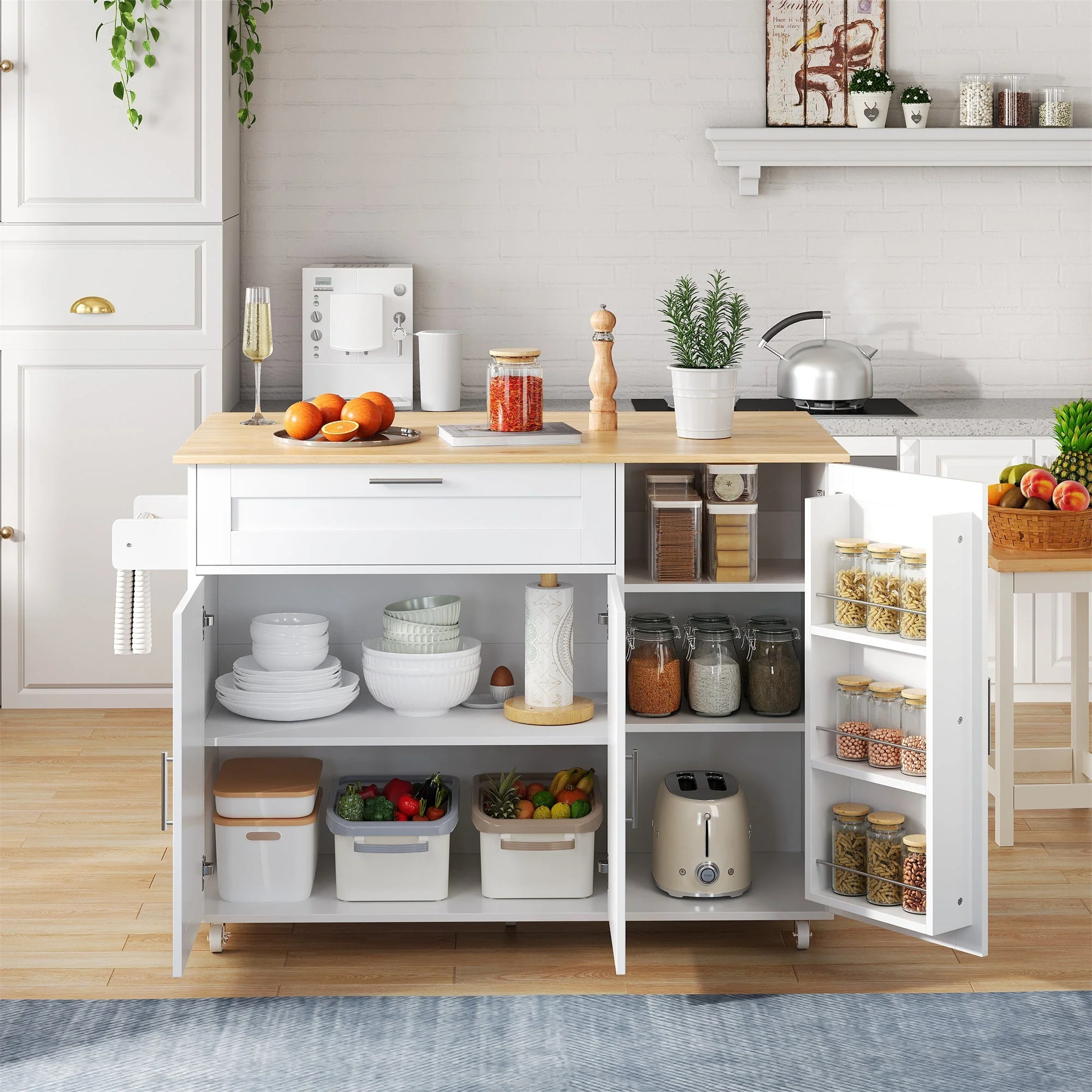 Mobile Kitchen Table 132.5cm Folding Worktop Storage Spice/Towel Rack - Oak Grain - Image 2