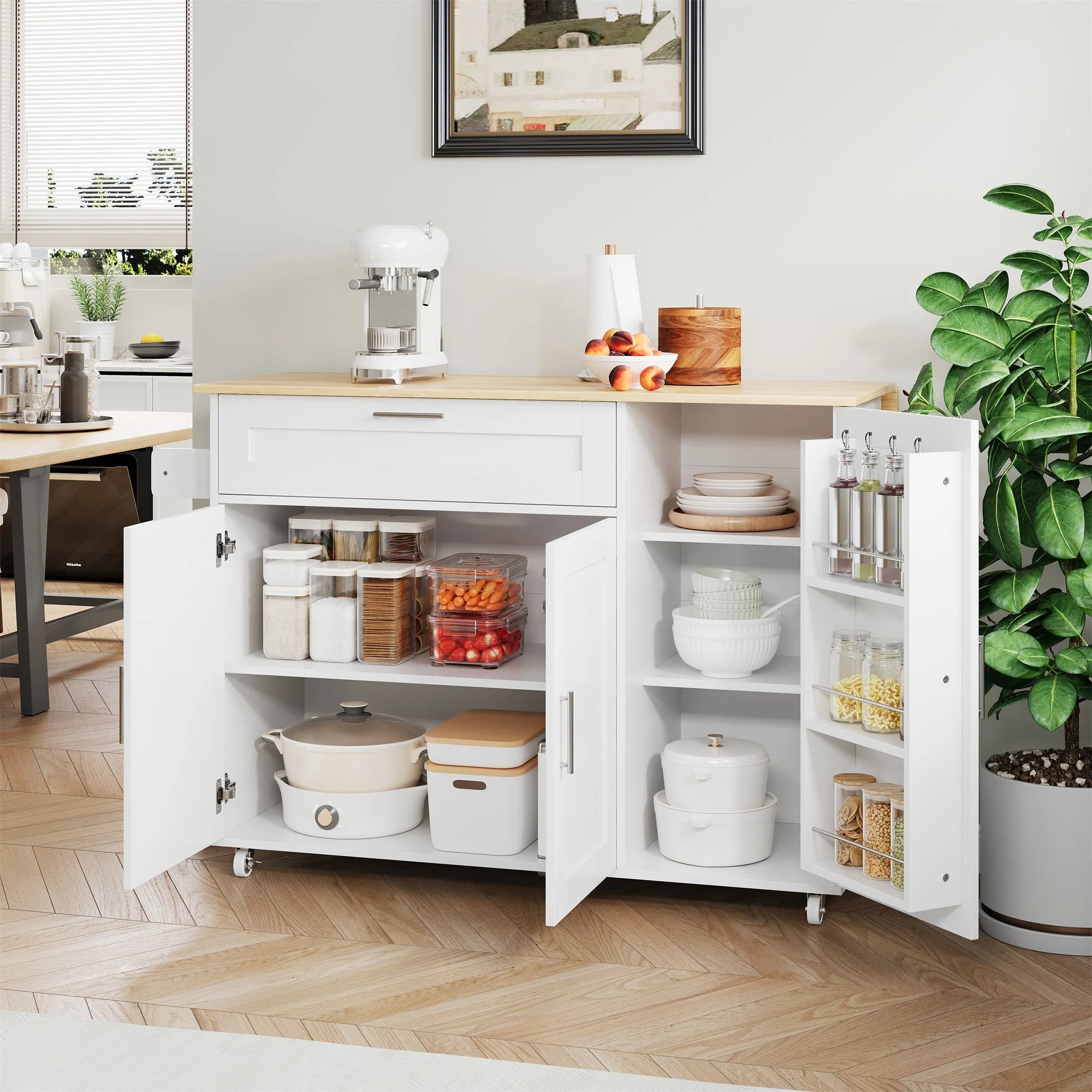 Mobile Kitchen Table 132.5cm Folding Worktop Storage Spice/Towel Rack - Oak Grain - Image 6