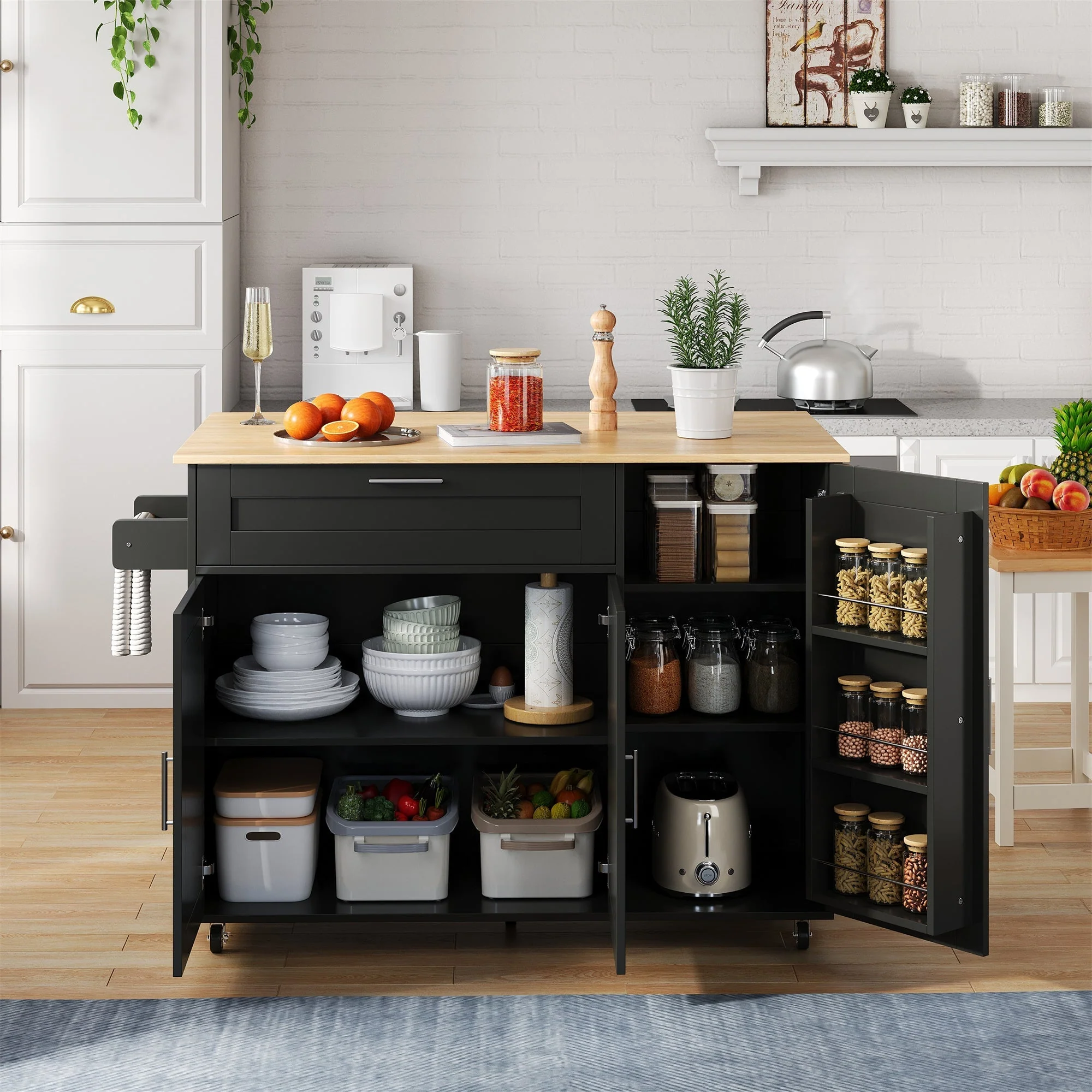 Mobile Kitchen Table Folding Worktop Cabinet Spice Rack 5 Casters - Oak Grain - Image 2
