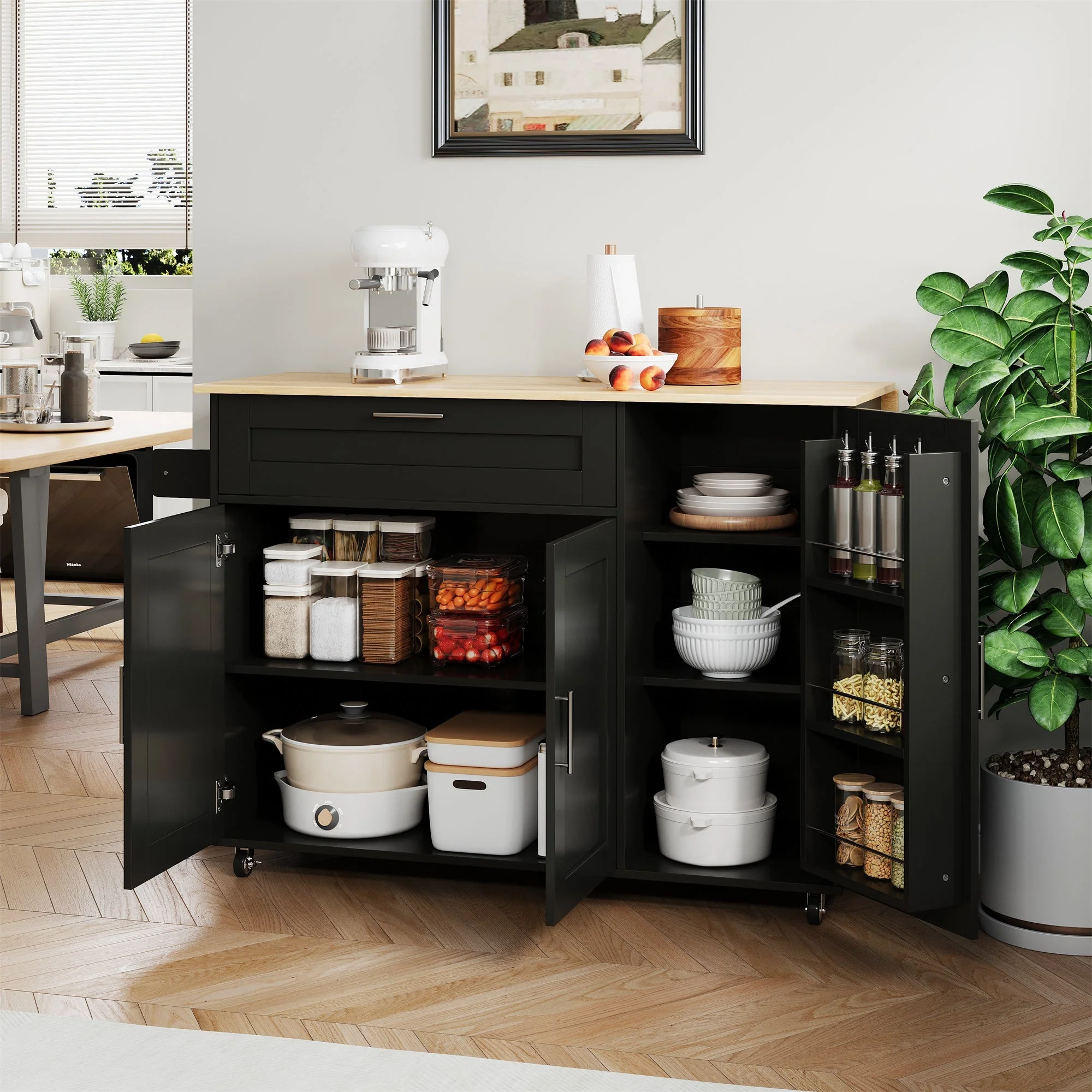 Mobile Kitchen Table Folding Worktop Cabinet Spice Rack 5 Casters - Oak Grain - Image 3