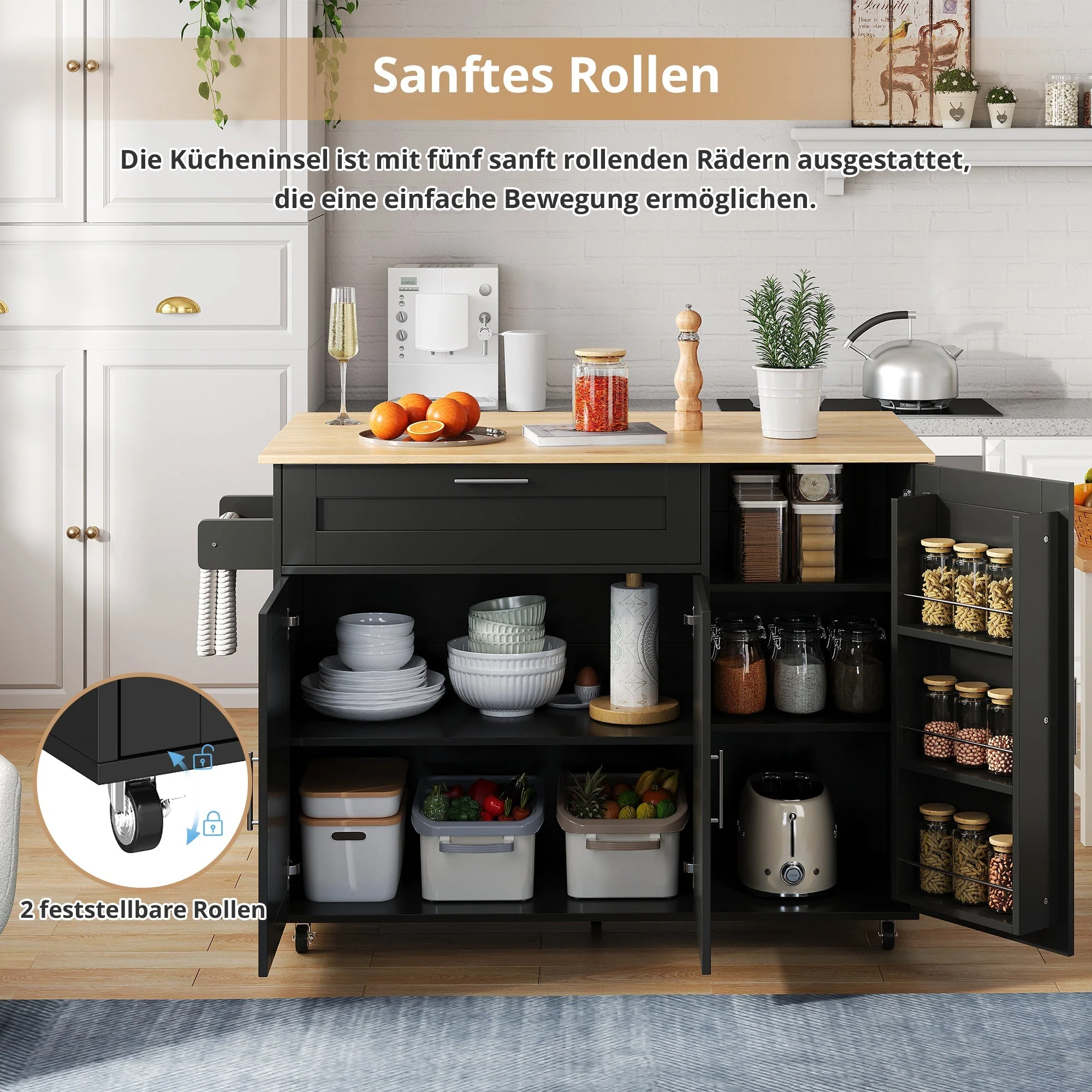 Mobile Kitchen Table Folding Worktop Cabinet Spice Rack 5 Casters - Oak Grain - Image 4