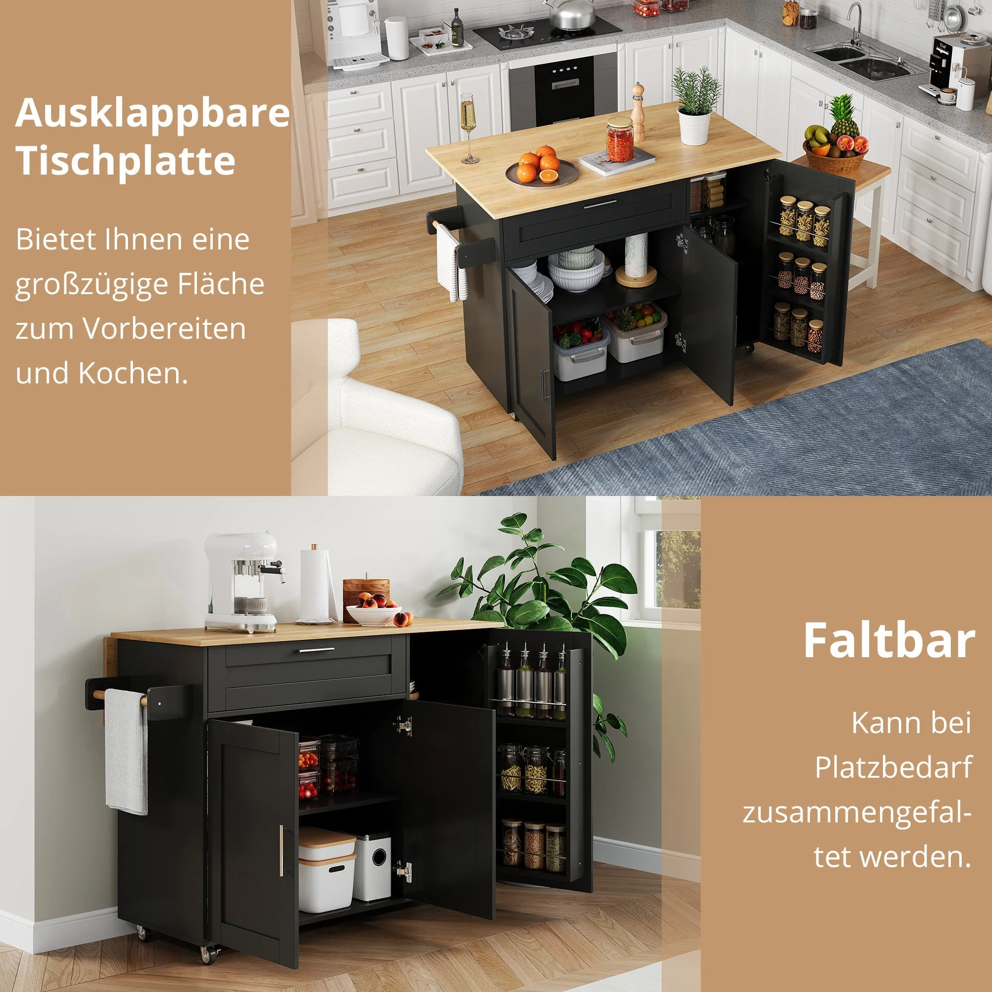 Mobile Kitchen Table Folding Worktop Cabinet Spice Rack 5 Casters - Oak Grain - Image 6