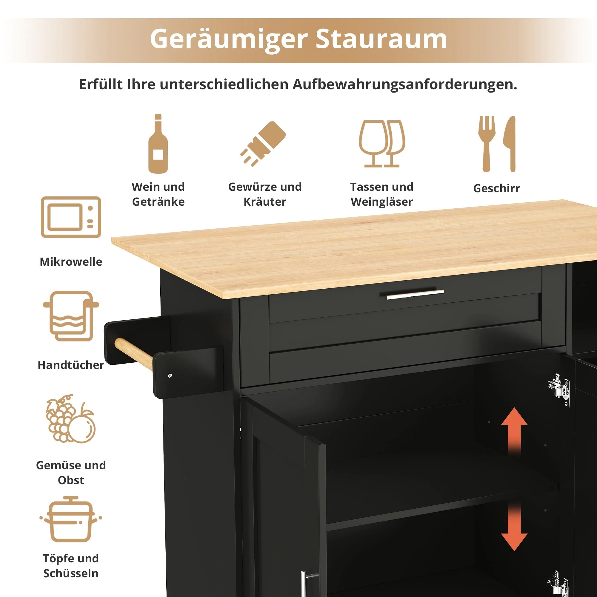 Mobile Kitchen Table Folding Worktop Cabinet Spice Rack 5 Casters - Oak Grain - Image 7