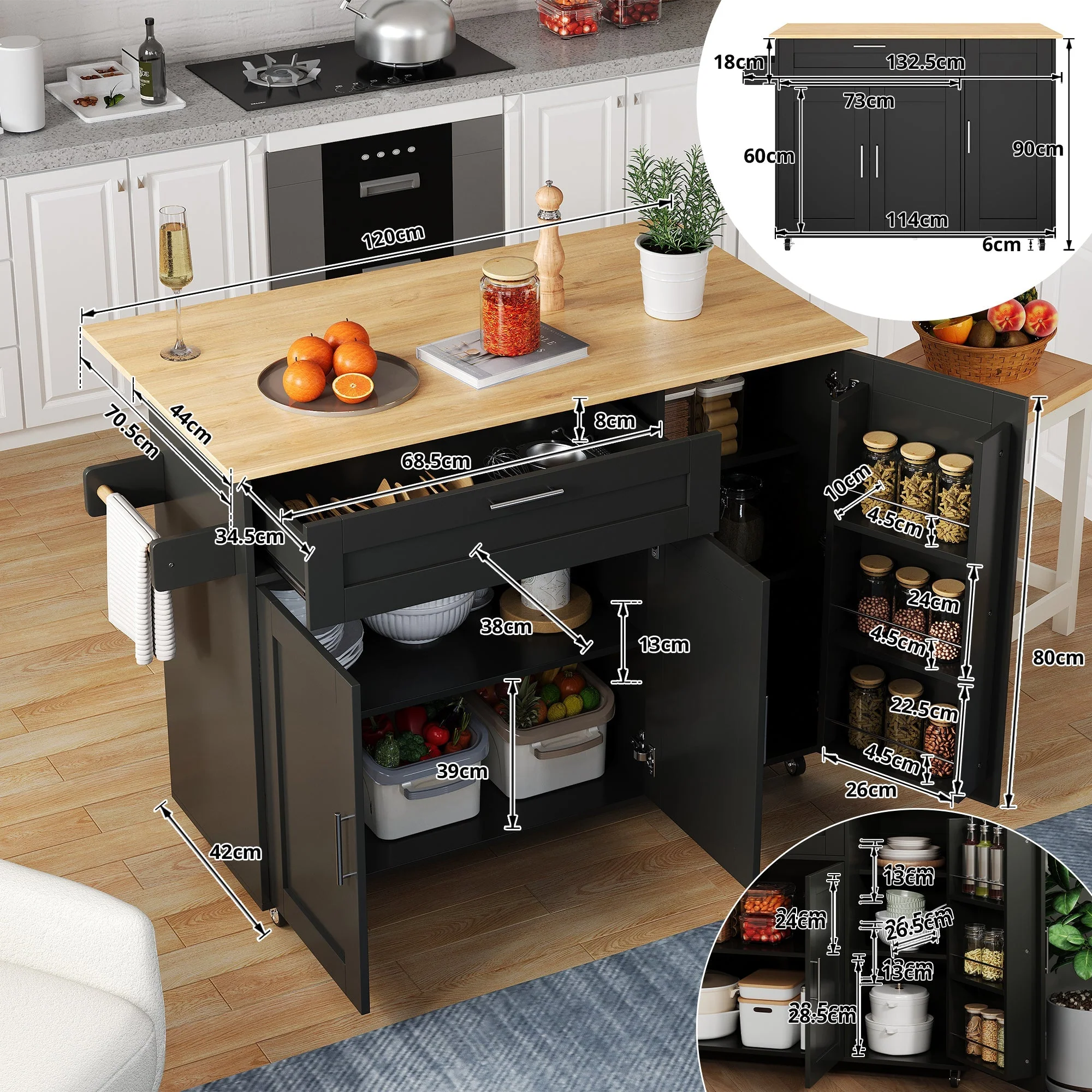 Mobile Kitchen Table Folding Worktop Cabinet Spice Rack 5 Casters - Oak Grain - Image 8