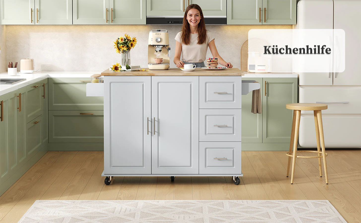Mobile Kitchen Table with Foldable Design and 3 Drawers, Oak Worktop - Image 7